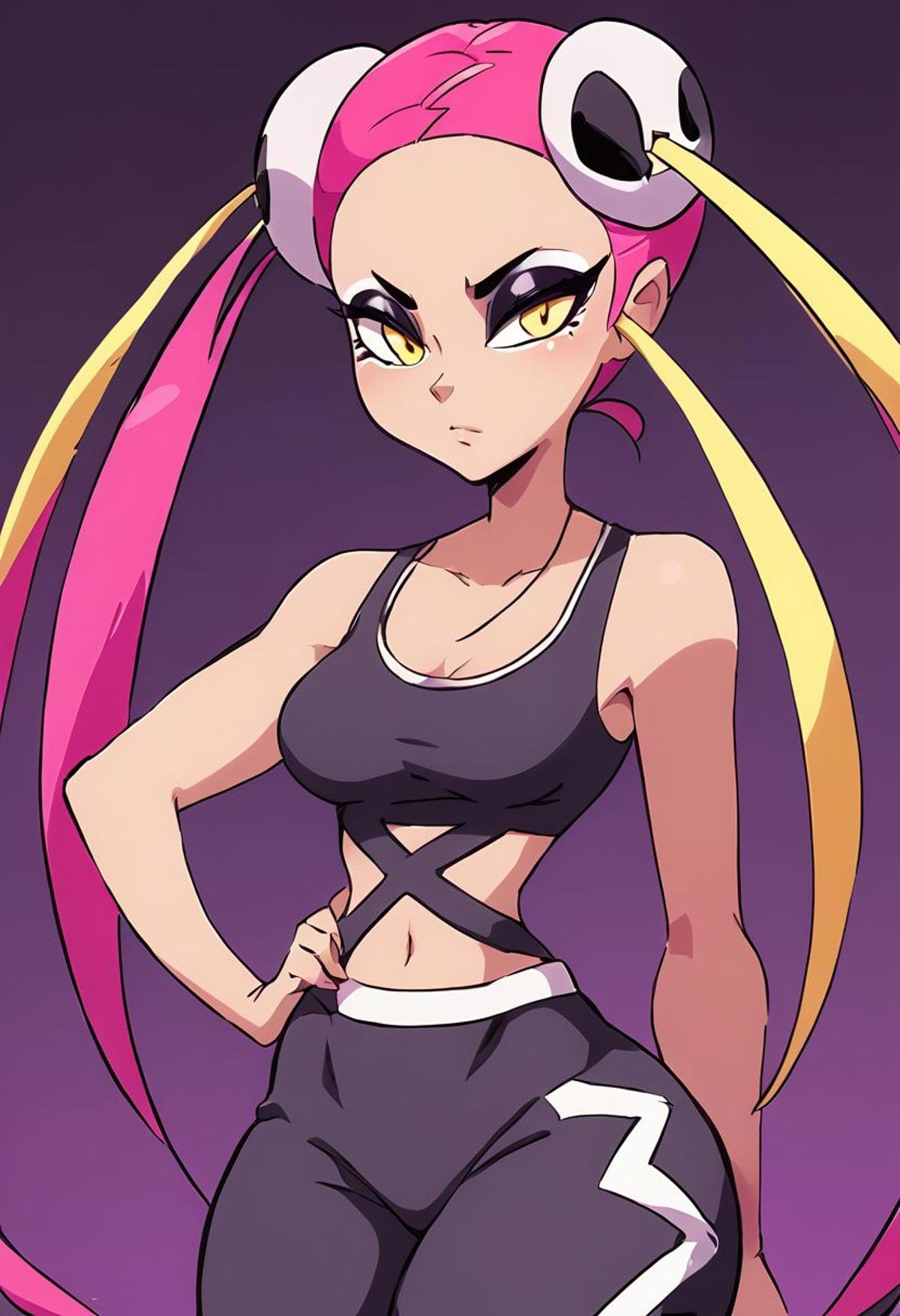 score_9, score_8_up, score_8, medium breasts, (curvy), cute, eyelashes,     zzPlumeria, pink hair, multicolored hair, blonde hair, two-tone hair, long hair, yellow eyes, hair ornament, quad tails, breasts, eyeshadow, skull hair ornament, black tank top, eyeshadow, makeup, black baggy pants, tattoo,, zPDXL,