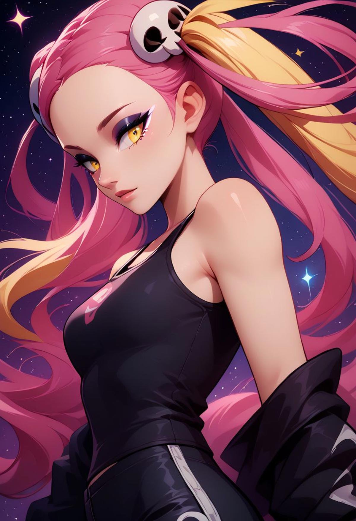 score_9, score_8_up, score_8, medium breasts, (curvy), cute, eyelashes,  rating_safe,BREAK, zzPlumeria, pink hair, multicolored hair, blonde hair, two-tone hair, long hair, yellow eyes, hair ornament, quad tails, breasts, eyeshadow, skull hair ornament, black tank top, eyeshadow, makeup, black baggy pants, tattoo, BREAK, dynamic angle, stars, floating, colorful, pink, blue eyes, black bow, from side, on back, spaceship, technological,zPDXL,