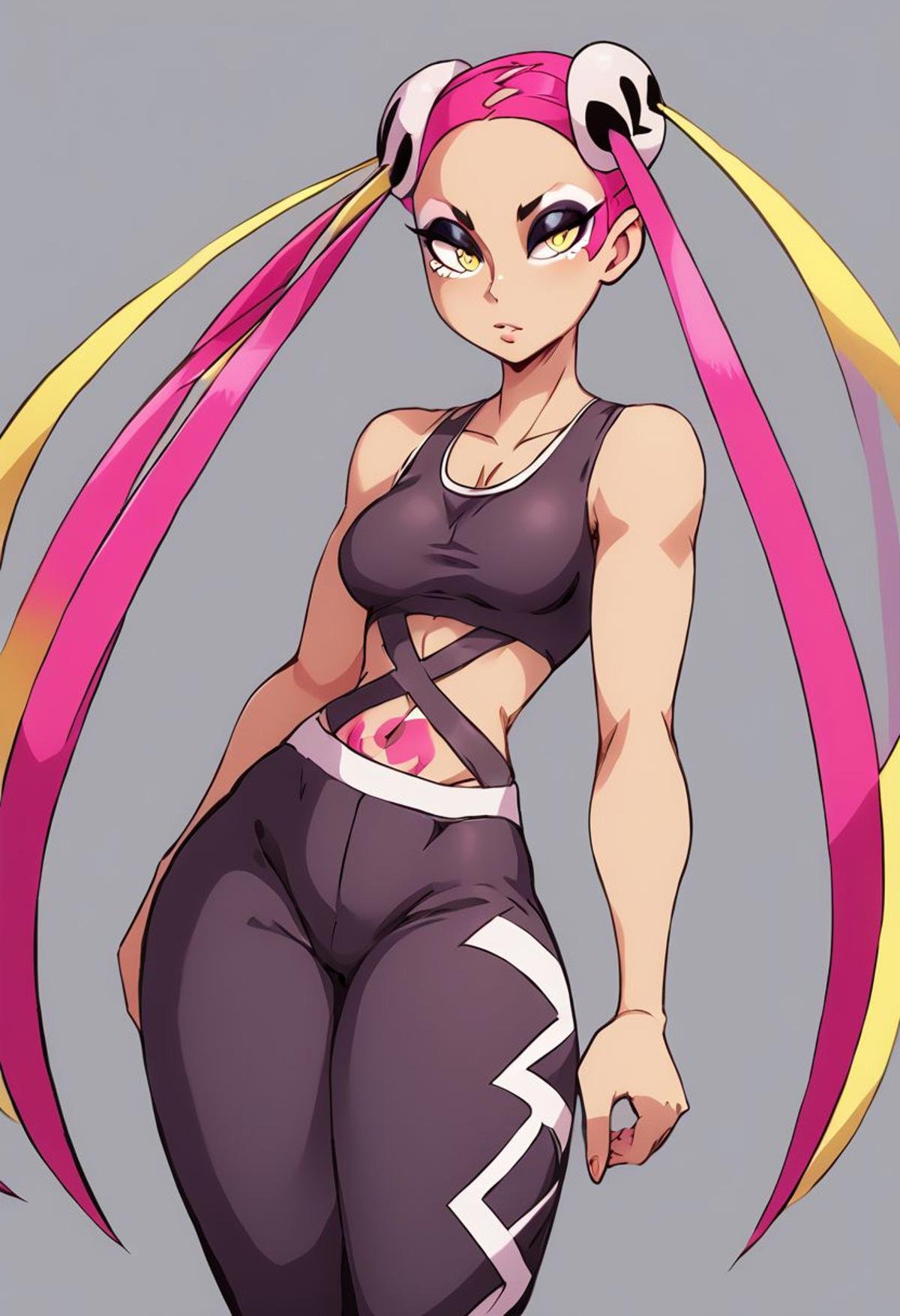 score_9, score_8_up, score_8, medium breasts, (curvy), cute, eyelashes,     zzPlumeria, pink hair, multicolored hair, blonde hair, two-tone hair, long hair, yellow eyes, hair ornament, quad tails, breasts, eyeshadow, skull hair ornament, black tank top, eyeshadow, makeup, black baggy pants, tattoo,, zPDXL,