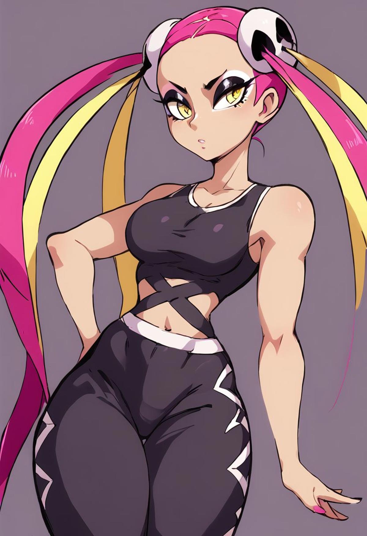 score_9, score_8_up, score_8, medium breasts, (curvy), cute, eyelashes,     zzPlumeria, pink hair, multicolored hair, blonde hair, two-tone hair, long hair, yellow eyes, hair ornament, quad tails, breasts, eyeshadow, skull hair ornament, black tank top, eyeshadow, makeup, black baggy pants, tattoo,, zPDXL,