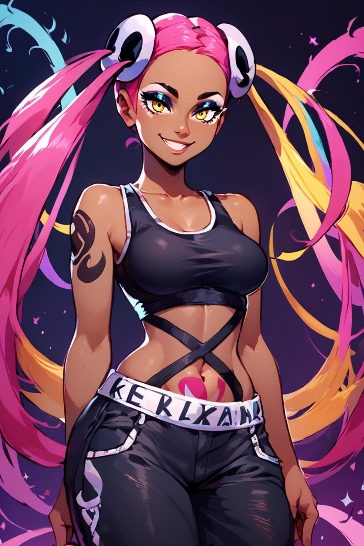 score_9, score_8_up, score_8, medium breasts, (curvy), cute, eyelashes,        zzPlumeria, pink hair, multicolored hair, blonde hair, two-tone hair, long hair, yellow eyes, hair ornament, quad tails, breasts, eyeshadow, skull hair ornament, dark skin,  black tank top, eyeshadow, makeup, black baggy pants, tattoo,   solo,  looking at viewer, smile,   <lora:PlumeriaP2:0.8>,  <lora:Vivid:0.8>, embedding:zPDXL,