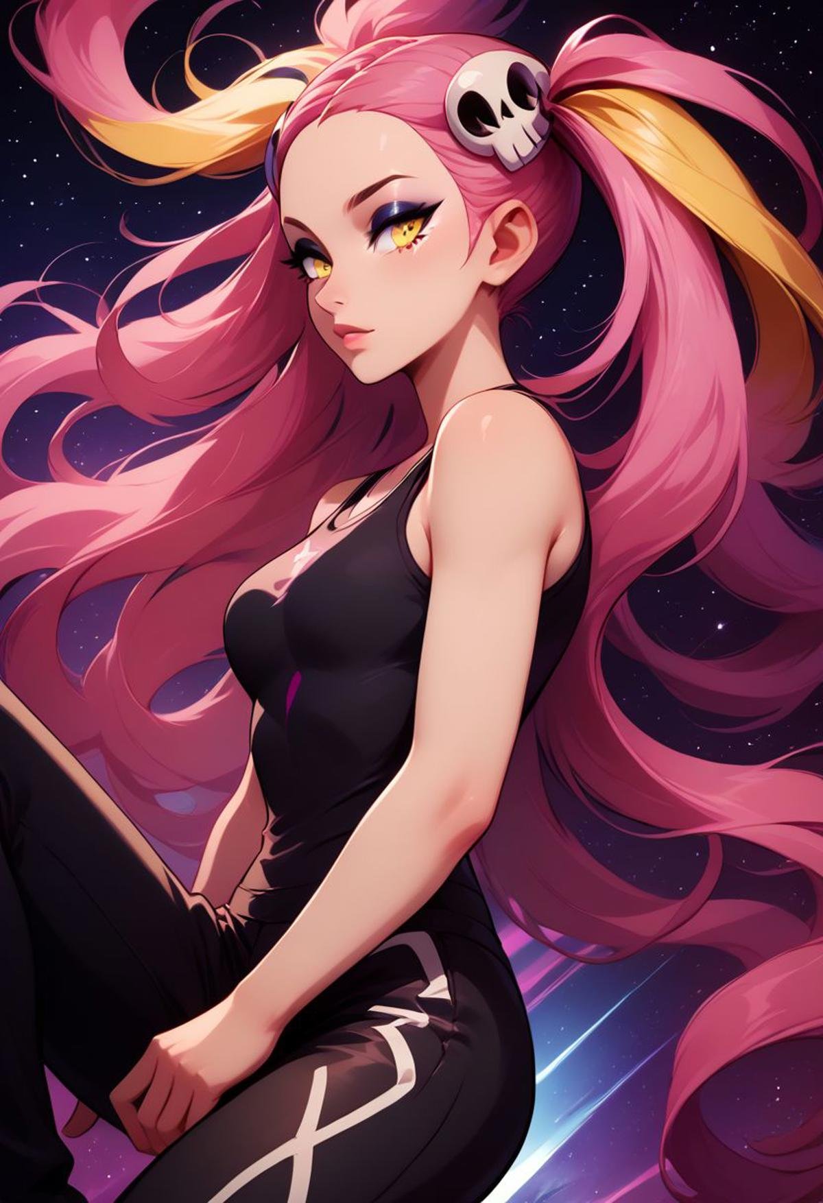 score_9, score_8_up, score_8, medium breasts, (curvy), cute, eyelashes,  rating_safe,BREAK, zzPlumeria, pink hair, multicolored hair, blonde hair, two-tone hair, long hair, yellow eyes, hair ornament, quad tails, breasts, eyeshadow, skull hair ornament, black tank top, eyeshadow, makeup, black baggy pants, tattoo, BREAK, dynamic angle, stars, floating, colorful, pink, blue eyes, black bow, from side, on back, spaceship, technological,zPDXL,