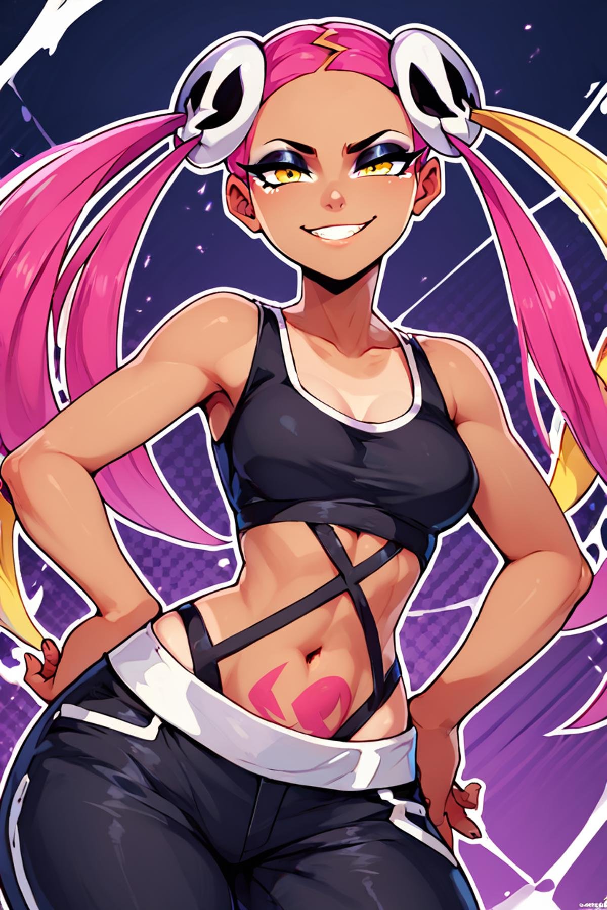 score_9, score_8_up, score_8, medium breasts, (curvy), cute, eyelashes,      rating safe,   BREAK,  zzPlumeria, pink hair, multicolored hair, blonde hair, two-tone hair, long hair, yellow eyes, hair ornament, quad tails, breasts, eyeshadow, skull hair ornament, tanned, black tank top, eyeshadow, makeup, black baggy pants, tattoo, wide hips, hand on hip, smile, smug,   BREAK,  smile, looking at viewer,  abstract background, skulls, white outline,    embedding:zPDXL, Expressiveh,   <lora:PlumeriaP2:0.8>,  <lora:CatalystStylePDXL:0.6>,  <lora:SDXLFaeTastic2400:0.5>,  <lora:Expressive_H-000001:0.4>,