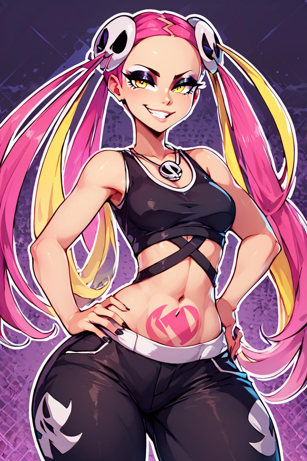 score_9, score_8_up, score_8, medium breasts, (curvy), cute, eyelashes,      rating safe,   BREAK,  zzPlumeria, pink hair, multicolored hair, blonde hair, two-tone hair, long hair, yellow eyes, hair ornament, quad tails, breasts, eyeshadow, skull hair ornament, black tank top, eyeshadow, makeup, black baggy pants, tattoo, wide hips, hand on hip, smile, smug,   BREAK,  smile, looking at viewer,  abstract background, skulls, white outline,    embedding:zPDXL, Expressiveh,   <lora:PlumeriaP2:0.8>,  <lora:CatalystStylePDXL:0.6>,  <lora:SDXLFaeTastic2400:0.5>,  <lora:Expressive_H-000001:0.4>,