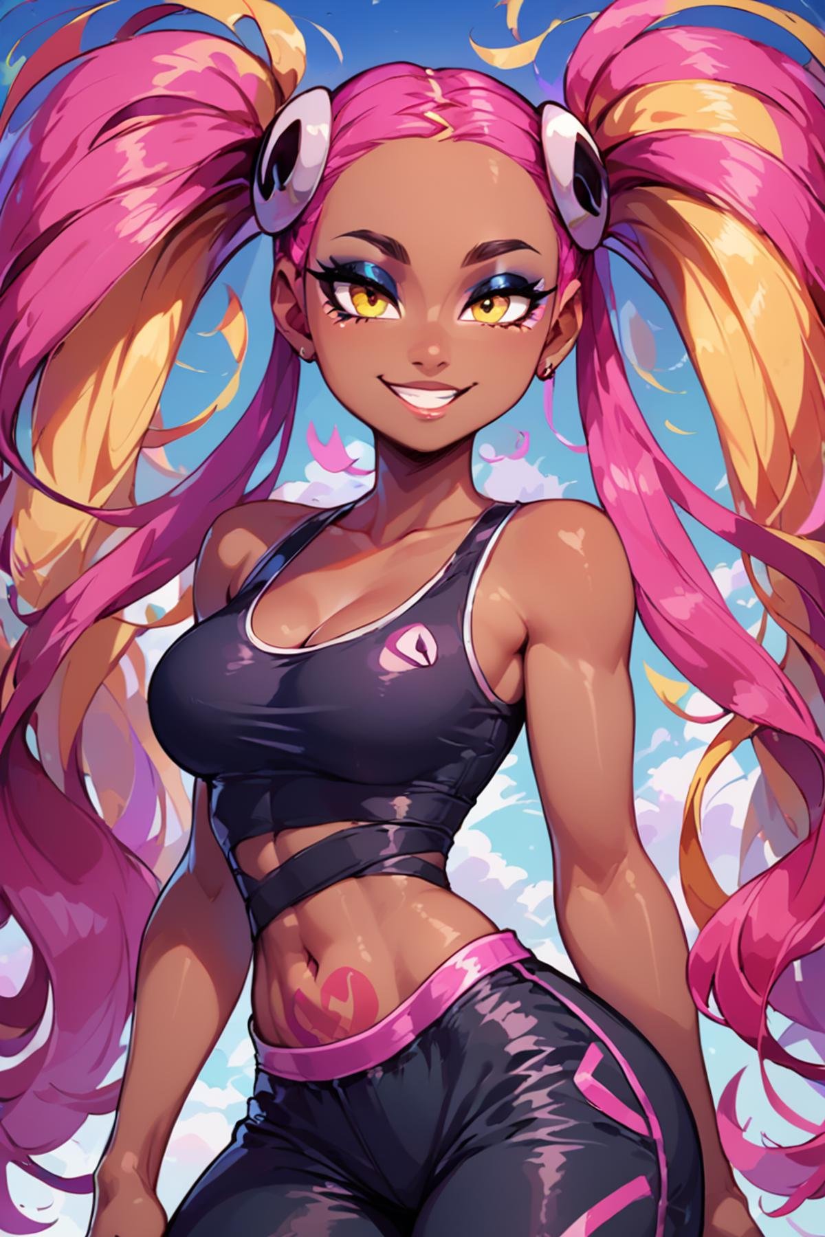 score_9, score_8_up, score_8, medium breasts, (curvy), cute, eyelashes,        zzPlumeria, pink hair, multicolored hair, blonde hair, two-tone hair, long hair, yellow eyes, hair ornament, quad tails, breasts, eyeshadow, skull hair ornament, dark skin,  black tank top, eyeshadow, makeup, black baggy pants, tattoo,   solo,  looking at viewer, smile,   <lora:PlumeriaP2:0.8>,  <lora:Vivid:0.8>, <lora:princess_xl_v2:0.8>, embedding:zPDXL,