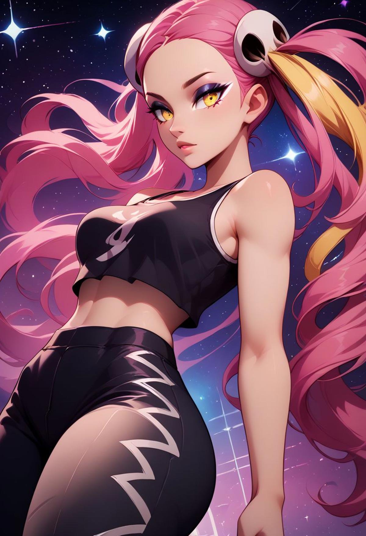 score_9, score_8_up, score_8, medium breasts, (curvy), cute, eyelashes,  rating_safe,BREAK, zzPlumeria, pink hair, multicolored hair, blonde hair, two-tone hair, long hair, yellow eyes, hair ornament, quad tails, breasts, eyeshadow, skull hair ornament, black tank top, eyeshadow, makeup, black baggy pants, tattoo, BREAK, dynamic angle, stars, floating, colorful, pink, blue eyes, black bow, from side, on back, spaceship, technological,zPDXL,