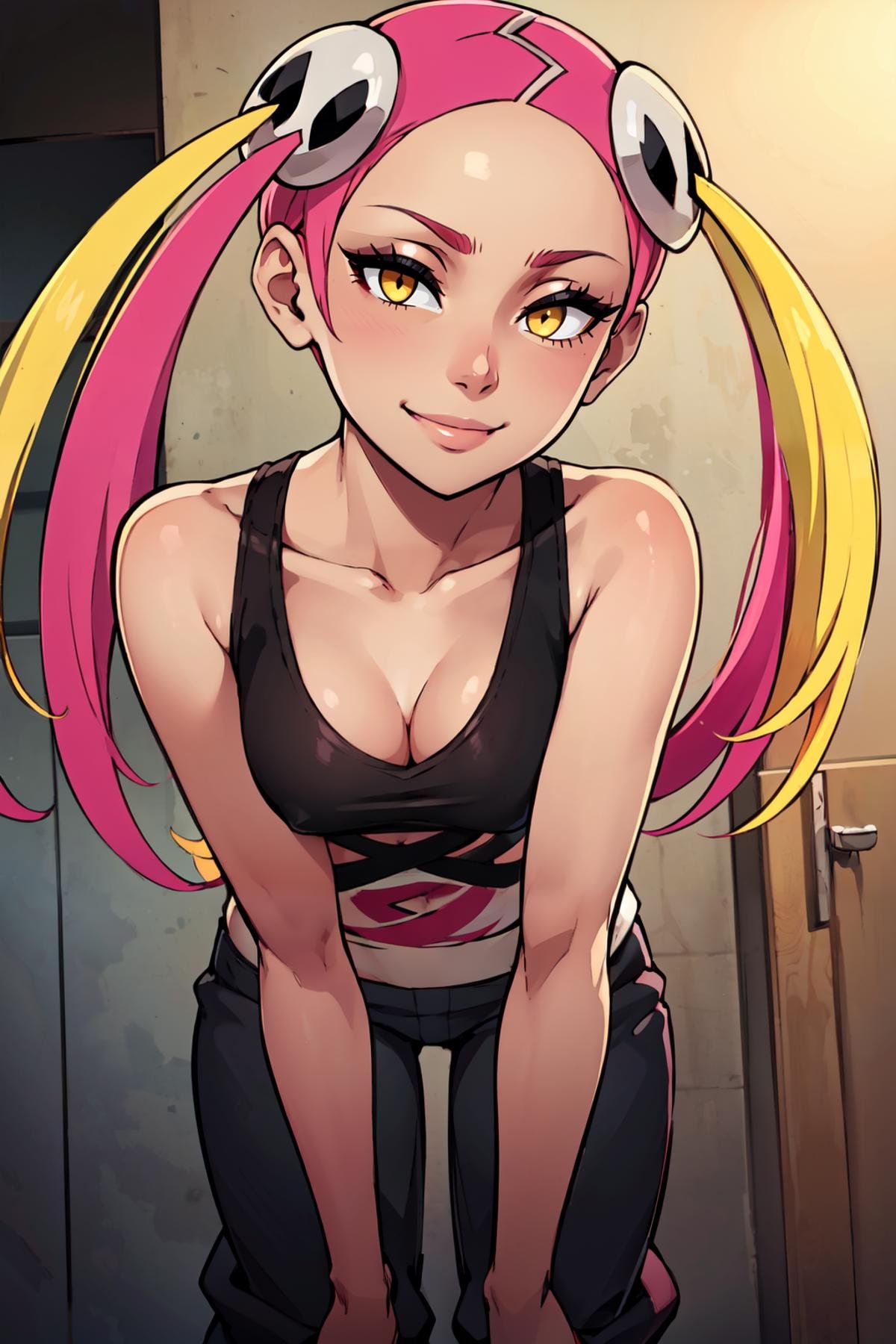 ((masterpiece,best quality)), absurdres, <lora:Plumeria_v5:0.8>,   zzPlumeria, pink hair, multicolored hair, blonde hair, two-tone hair, long hair, yellow eyes, hair ornament, quad tails, breasts, eyeshadow, skull hair ornament, dark skin,  black tank top, eyeshadow, makeup, black baggy pants, tattoo,   solo,  looking at viewer, smile,    solo, smiling, looking at viewer, cowboy shot, leaning forward,