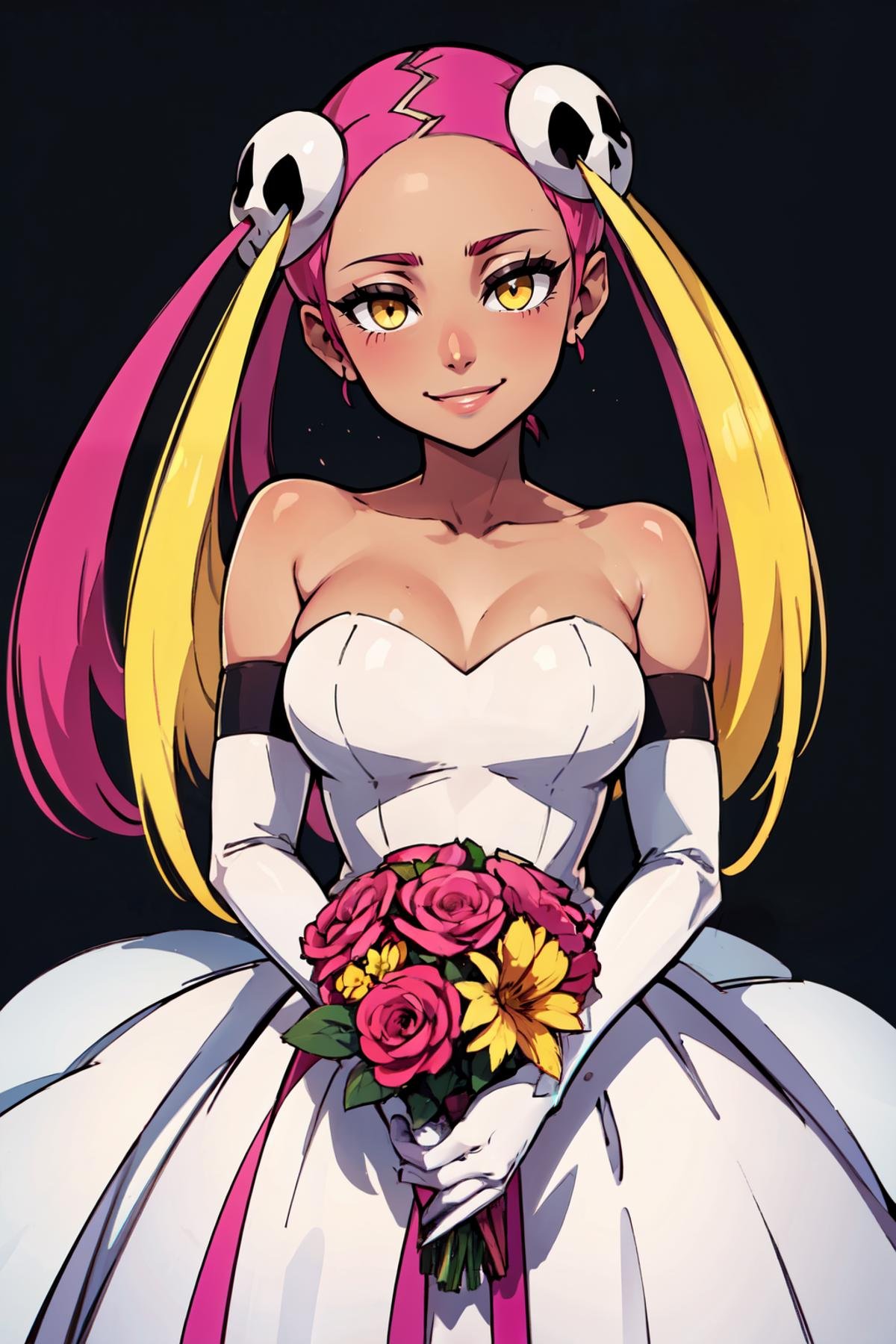 ((masterpiece,best quality)), absurdres, <lora:Plumeria_v5:0.8>,    zzPlumeria, pink hair, multicolored hair, blonde hair, two-tone hair, long hair, yellow eyes, hair ornament, quad tails, breasts, eyeshadow, skull hair ornament, dark skin,    bride, wedding dress, bridal veil, strapless dress, elbow gloves,  holding bouquet,    solo,  looking at viewer, smile,       solo, smiling, looking at viewer, cowboy shot,