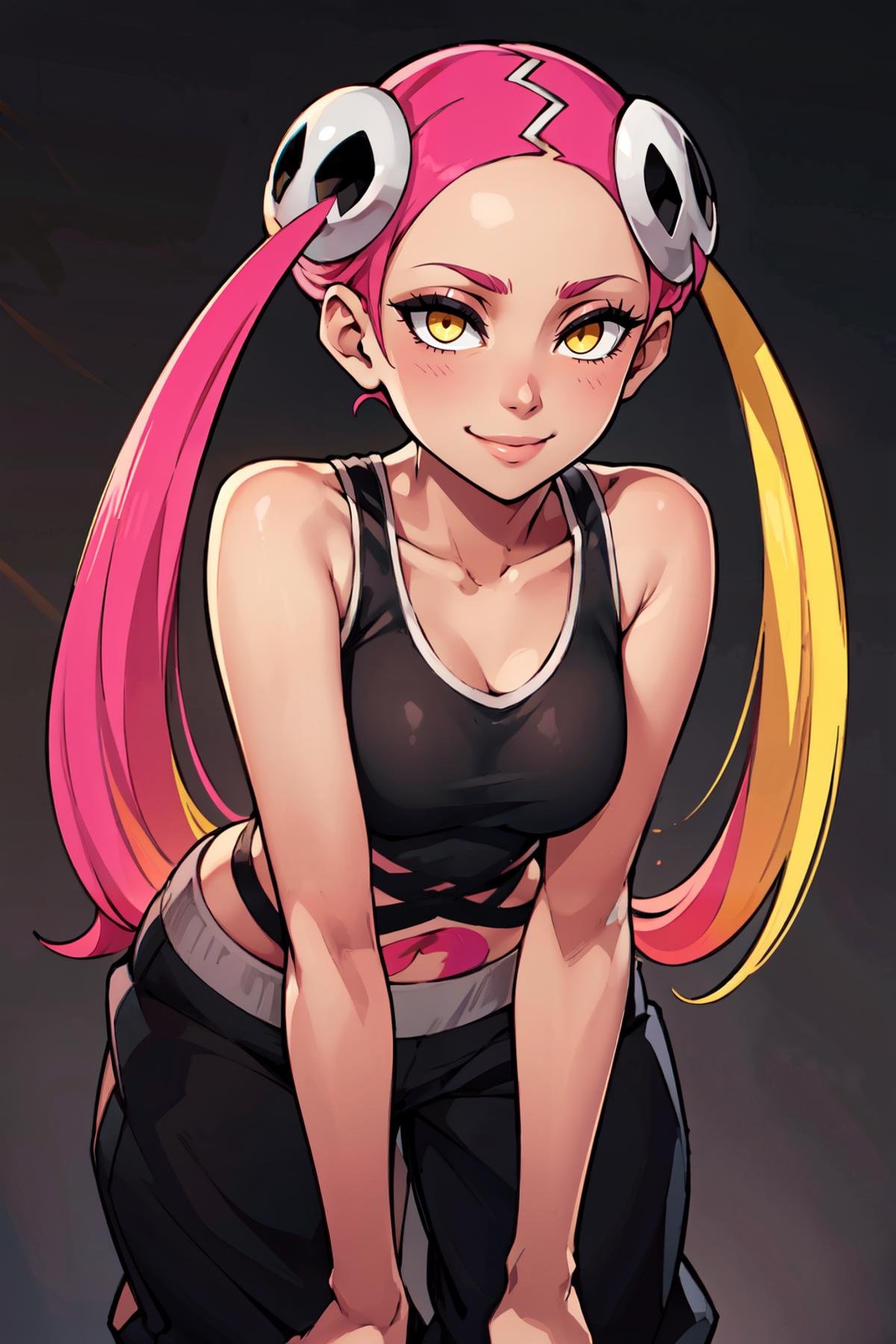 ((masterpiece,best quality)), absurdres, <lora:Plumeria_v5:0.8>,    zzPlumeria, pink hair, multicolored hair, blonde hair, two-tone hair, long hair, yellow eyes, hair ornament, quad tails, breasts, eyeshadow, skull hair ornament, dark skin,  black tank top, eyeshadow, makeup, black baggy pants, tattoo,   solo,  looking at viewer, smile,     solo, smiling, looking at viewer, cowboy shot, leaning forward,