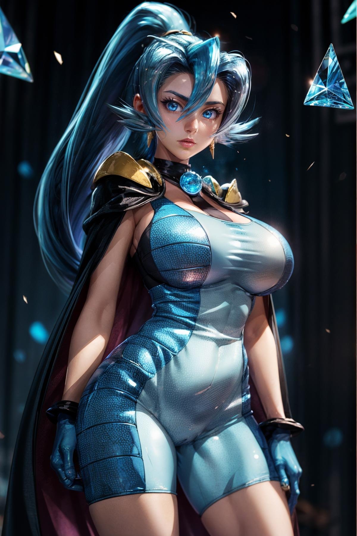 anime style, <lora:Clair_Pokemon:0.8>Clair_Pokemon, solo, 1girl,  long hair, blue hair, blue eyes, ponytail, blue bodysuit, black cape, blue gloves, blurry background,,(looking at viewer, standing:1.1),, huge breast,large breast,<lora:add_detail:0.97>,(refraction:1.1),   