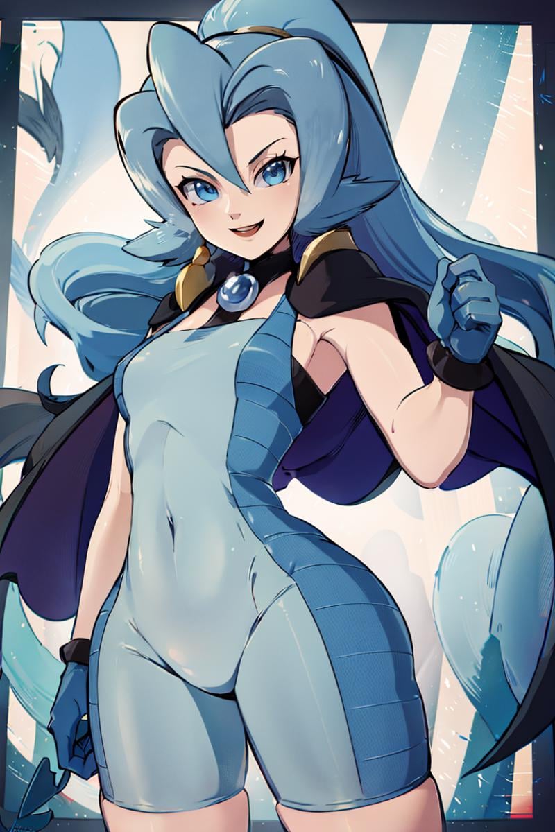 <lora:Merunyaa_Style_Dim32:0.8>,((masterpiece,best quality)), absurdres, <lora:Clair_Pokemon:0.8>, Clair_Pokemon, solo, 1girl,  long hair, blue hair, blue eyes, ponytail, blue bodysuit, black cape, blue gloves,  solo, smiling, looking at viewer, cowboy shot