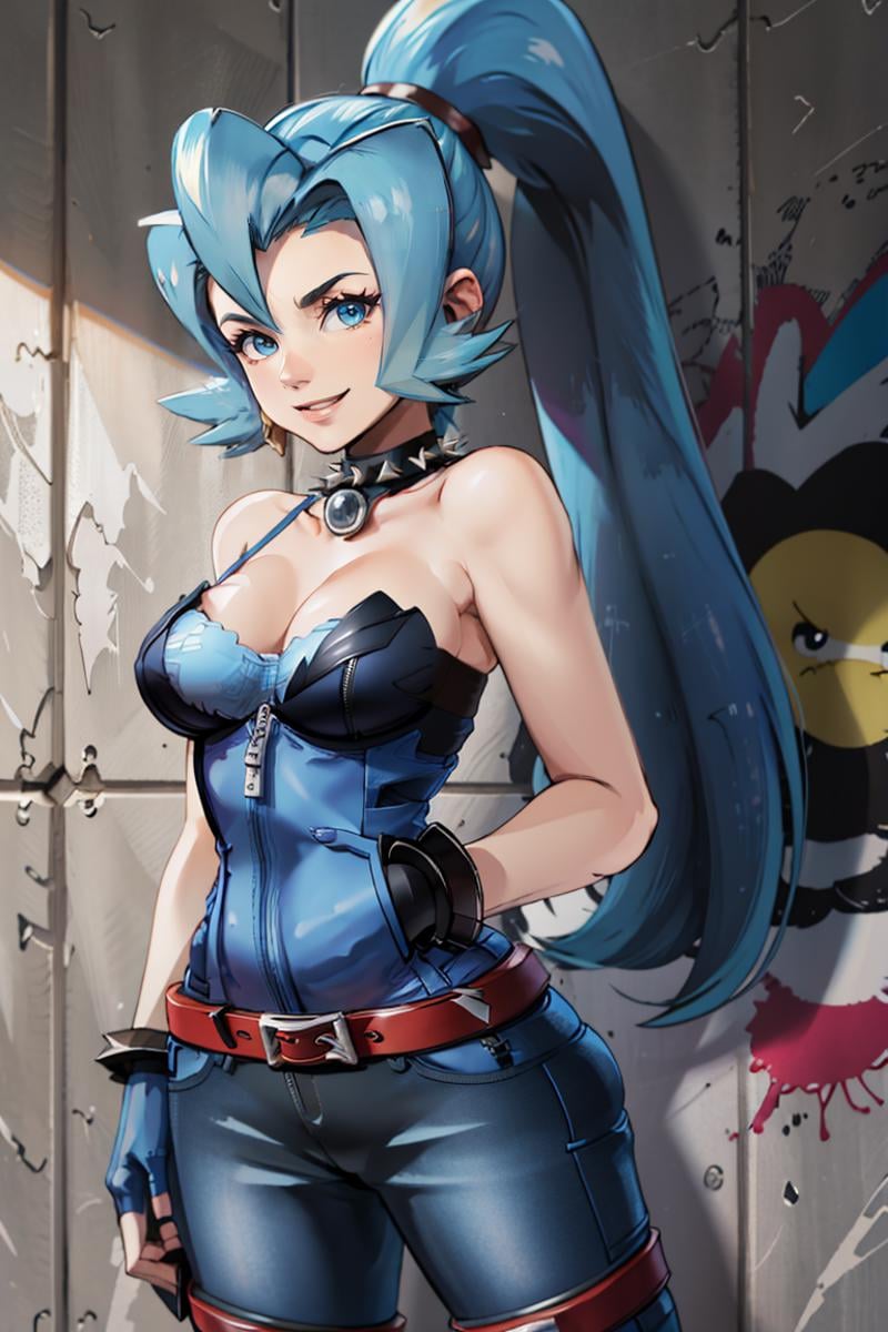 ((masterpiece,best quality)), absurdres, <lora:Clair_Pokemon:0.8>, Clair_Pokemon, solo, 1girl,  long hair, blue hair, blue eyes, ponytail, solo, smiling, looking at viewer, cowboy shot leather jacket, leather pants, strapless bra, black jacket, tight pants, black choker, zipper, fingerless gloves, biker clothes, spikes, unzipped, multiple belts, shiny clothes, high collar, CONCEPT_graffiti_wall_ownwaifu, (graffiti:1.2), brick wall,<lora:CONCEPT_graffiti_wall_ownwaifu-15:1> 