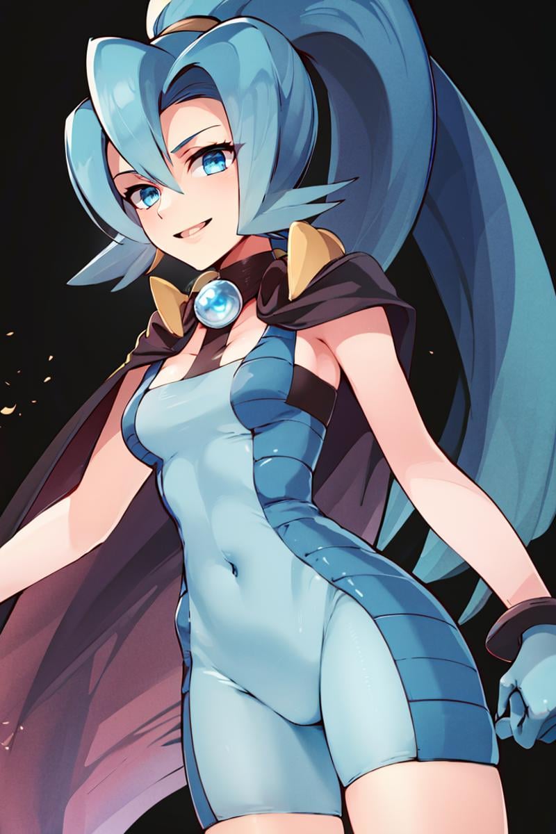 <lora:ricegnat_style:0.8>,((masterpiece,best quality)), absurdres, <lora:Clair_Pokemon:0.8>, Clair_Pokemon, solo, 1girl,  long hair, blue hair, blue eyes, ponytail, blue bodysuit, black cape, blue gloves,  solo, smiling, looking at viewer, cowboy shot