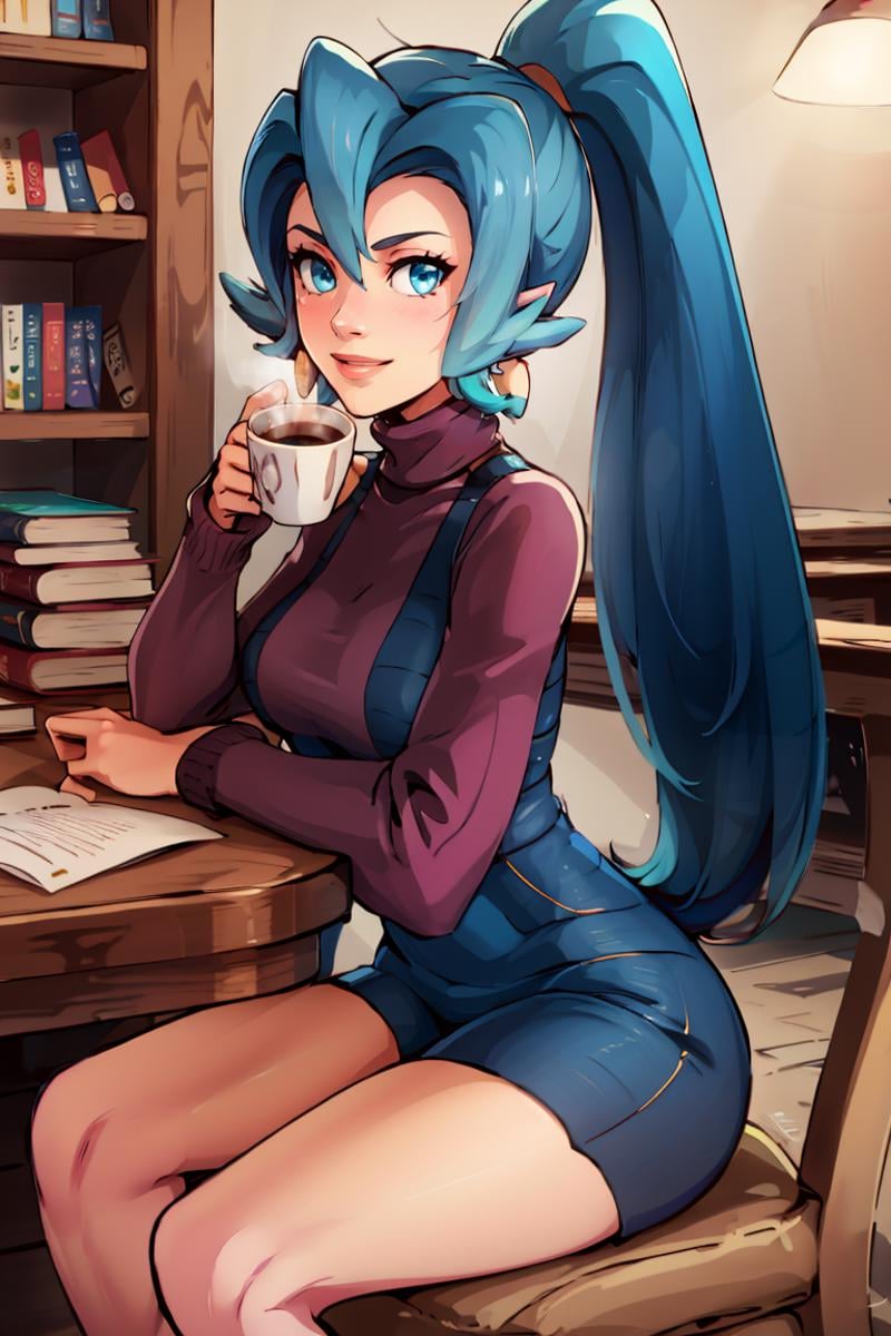 ((masterpiece,best quality)), absurdres, <lora:Clair_Pokemon:0.8>, Clair_Pokemon, solo, 1girl,  long hair, blue hair, blue eyes, ponytail, solo, smiling, looking at viewer, cowboy shot turtleneck sweater, earrings, library, cup of coffee, sitting at table