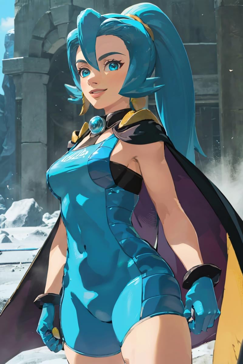 <lora:botw_style_offset:0.8>,((masterpiece,best quality)), absurdres, <lora:Clair_Pokemon:0.8>, Clair_Pokemon, solo, 1girl,  long hair, blue hair, blue eyes, ponytail, blue bodysuit, black cape, blue gloves,  solo, smiling, looking at viewer, cowboy shot