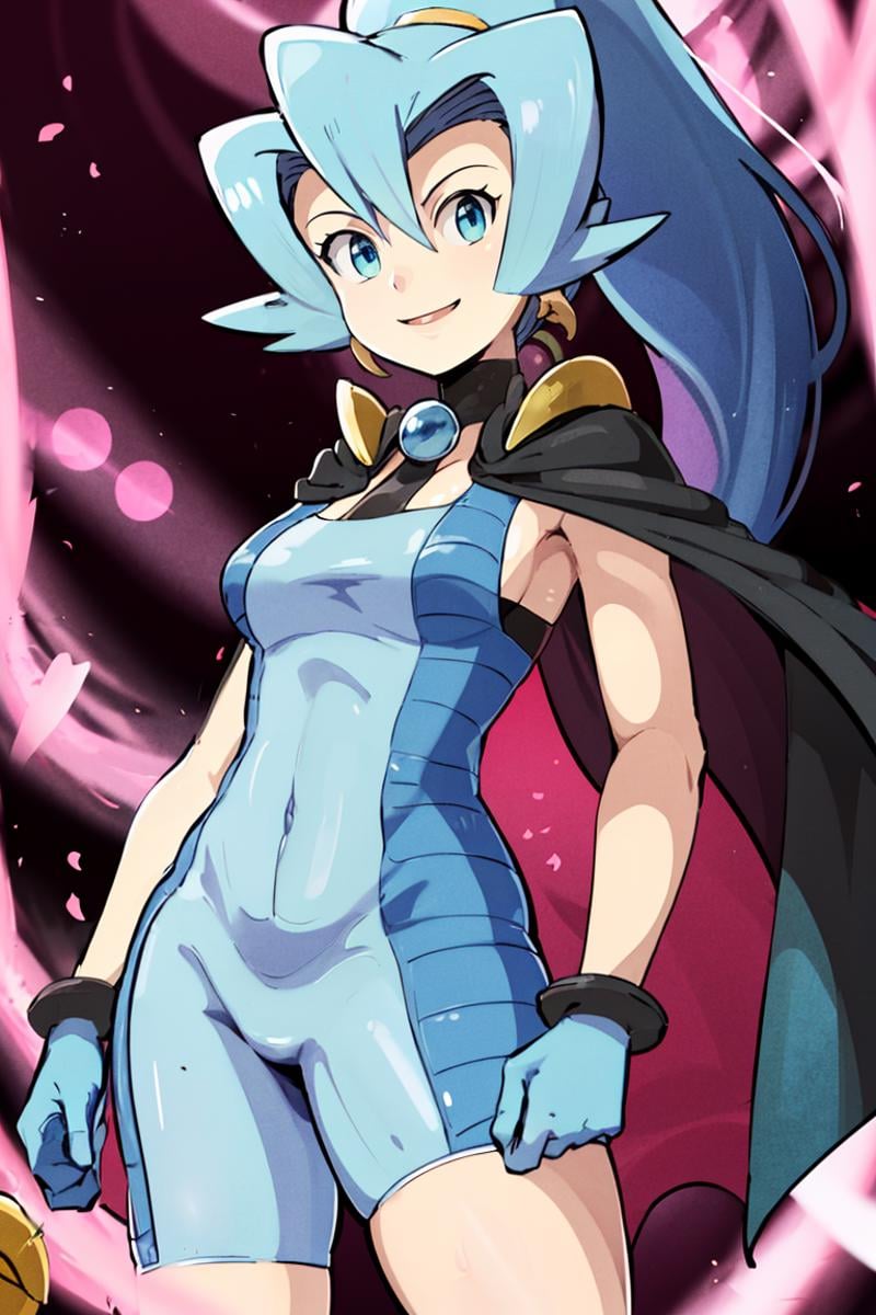 <lora:Gamma:0.8>,((masterpiece,best quality)), absurdres, <lora:Clair_Pokemon:0.8>, Clair_Pokemon, solo, 1girl,  long hair, blue hair, blue eyes, ponytail, blue bodysuit, black cape, blue gloves,  solo, smiling, looking at viewer, cowboy shot