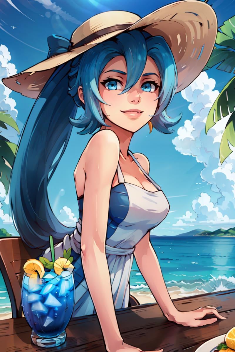 ((masterpiece,best quality)), absurdres, <lora:Clair_Pokemon:0.8>, Clair_Pokemon, solo, 1girl,  long hair, blue hair, blue eyes, ponytail, solo, smiling, looking at viewer, cowboy shotsitting at table, vivid detailed tropical drink, two straws, white sundress, sun hat, flowing winds, sunny, outdoors, upper body, 