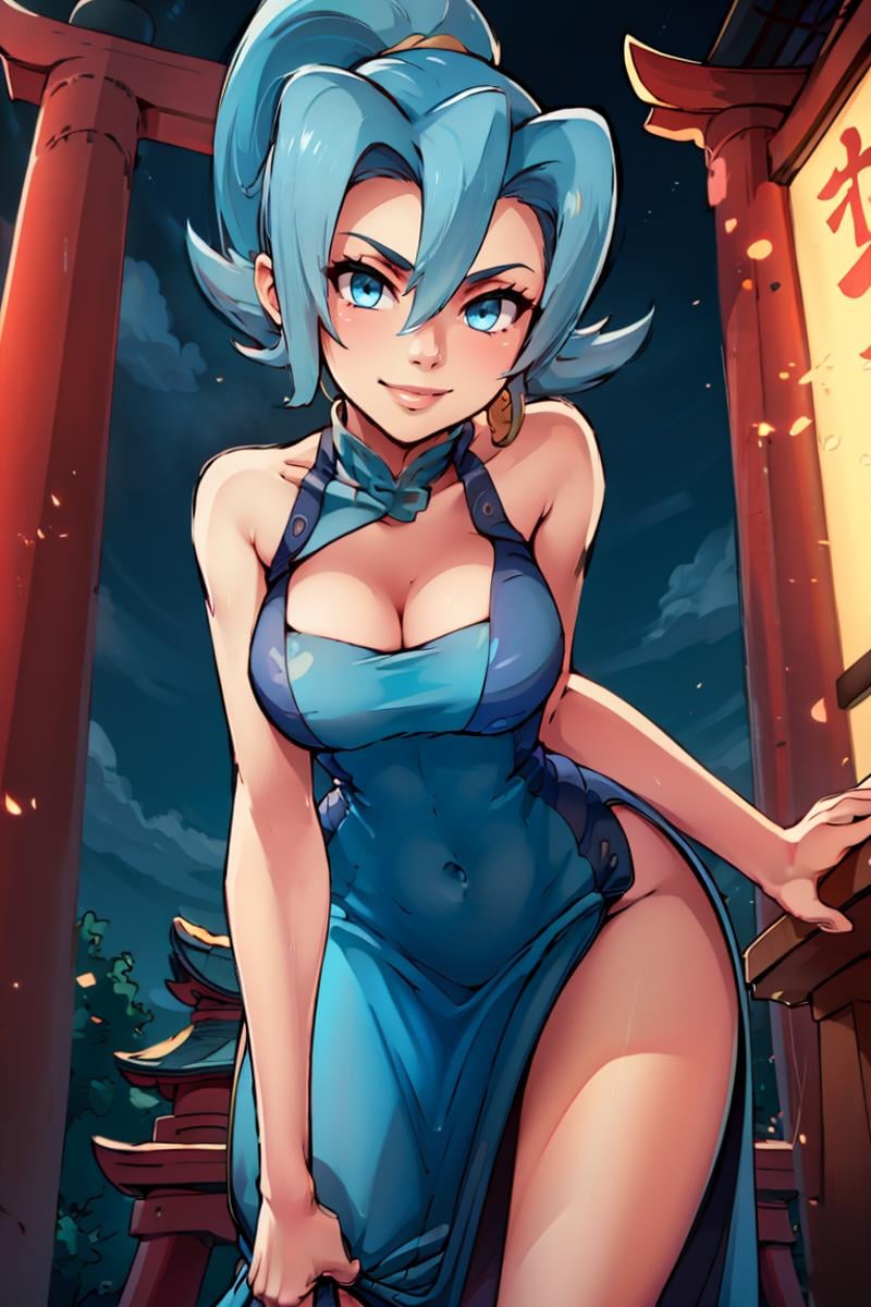 ((masterpiece,best quality)), absurdres, <lora:Clair_Pokemon:0.8>, Clair_Pokemon, solo, 1girl,  long hair, blue hair, blue eyes, ponytail, solo, smiling, looking at viewer, cowboy shot china dress, pelvic curtain, side slit, double bun, bun cover, cleavage cutout, sleeveless, print dress, covered navel, no panties, outdoors, night, torii, shrine, east asian architecture, leaning forward, hand on own thigh, from above, smile, 