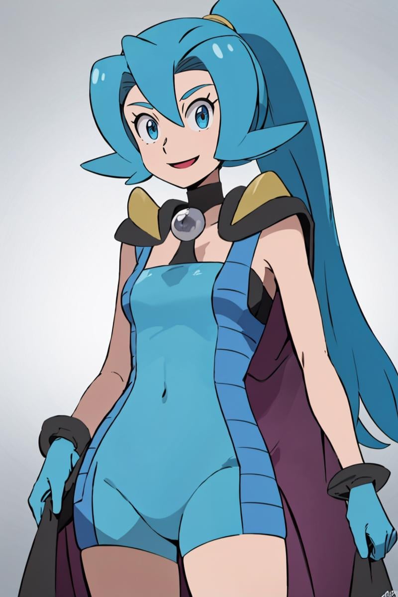 <lora:Alola_Style:0.65>,((masterpiece,best quality)), absurdres, <lora:Clair_Pokemon:0.8>, Clair_Pokemon, solo, 1girl,  long hair, blue hair, blue eyes, ponytail, blue bodysuit, black cape, blue gloves,  solo, smiling, looking at viewer, cowboy shot