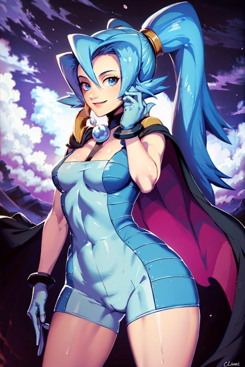 <lora:Genzoman_Style_Dim64:0.6>,((masterpiece,best quality)), absurdres, <lora:Clair_Pokemon:0.8>, Clair_Pokemon, solo, 1girl,  long hair, blue hair, blue eyes, ponytail, blue bodysuit, black cape, blue gloves,  solo, smiling, looking at viewer, cowboy shot