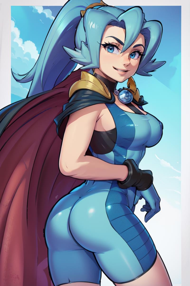 <lora:twistedscarlett60_style:0.8>,((masterpiece,best quality)), absurdres, <lora:Clair_Pokemon:0.8>, Clair_Pokemon, solo, 1girl,  long hair, blue hair, blue eyes, ponytail, blue bodysuit, black cape, blue gloves,  solo, smiling, looking at viewer, cowboy shot