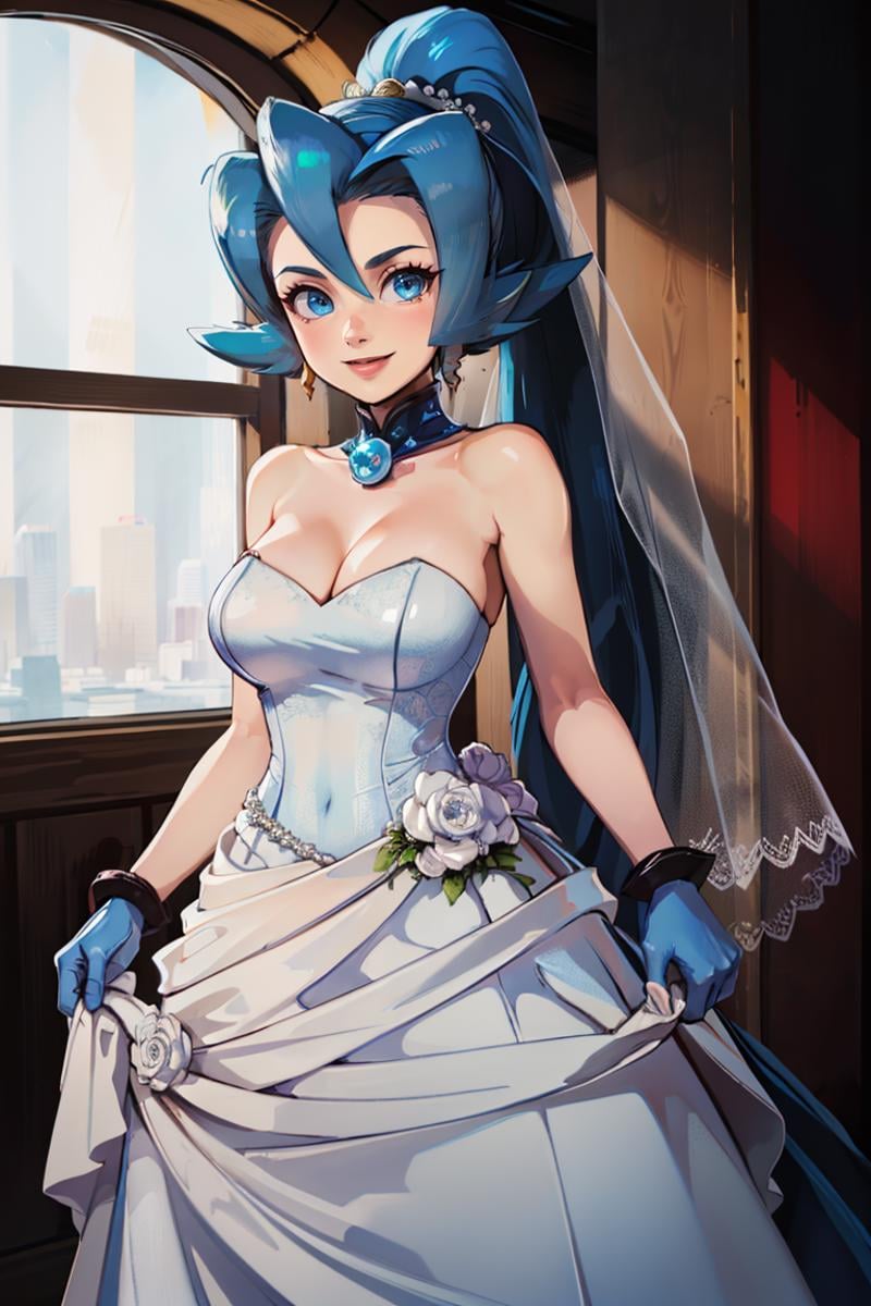 ((masterpiece,best quality)), absurdres, <lora:Clair_Pokemon:0.8>, Clair_Pokemon, solo, 1girl,  long hair, blue hair, blue eyes, ponytail, solo, smiling, looking at viewer, cowboy shot  bride, wedding dress, bridal veil, strapless dress, elbow gloves,  