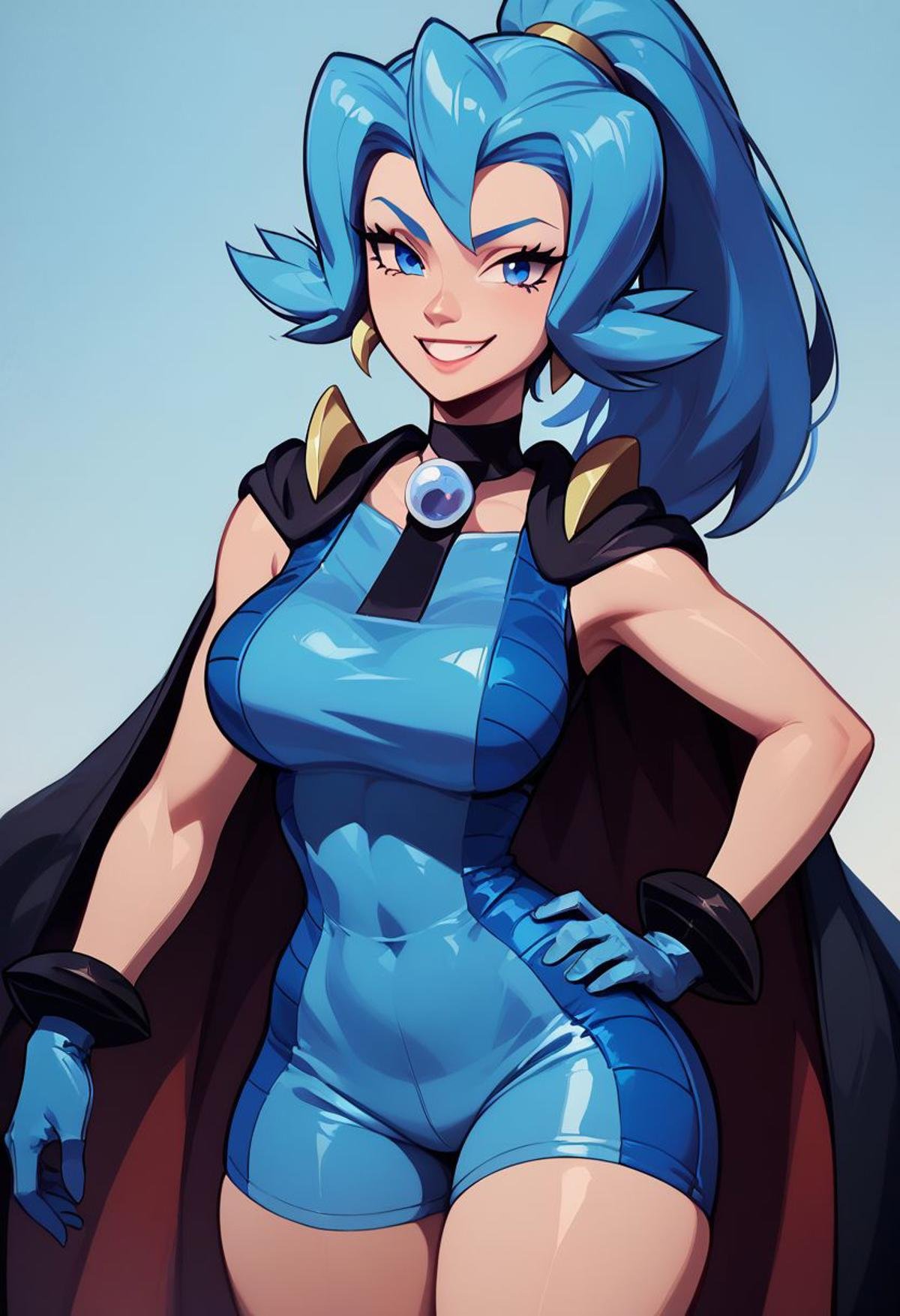 score_9, score_8_up, score_8, big breasts, (curvy), cute, eyelashes, BREAK, zzClair, solo, 1girl,  long hair, blue hair, blue eyes, ponytail, blue bodysuit, black cape, blue gloves,cowboy shot, smile, smug, hand on hip, wide hips, BREAK, zPDXL, Expressiveh p4st3lg0r3