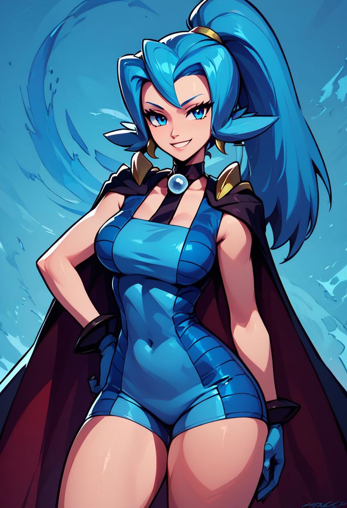 score_9, score_8_up, score_8, big breasts, (curvy), cute, eyelashes, BREAK, zzClair, solo, 1girl,  long hair, blue hair, blue eyes, ponytail, blue bodysuit, black cape, blue gloves,cowboy shot, smile, smug, hand on hip, wide hips, BREAK, zPDXL, Expressiveh abstract background, blue theme, dragon scales, 