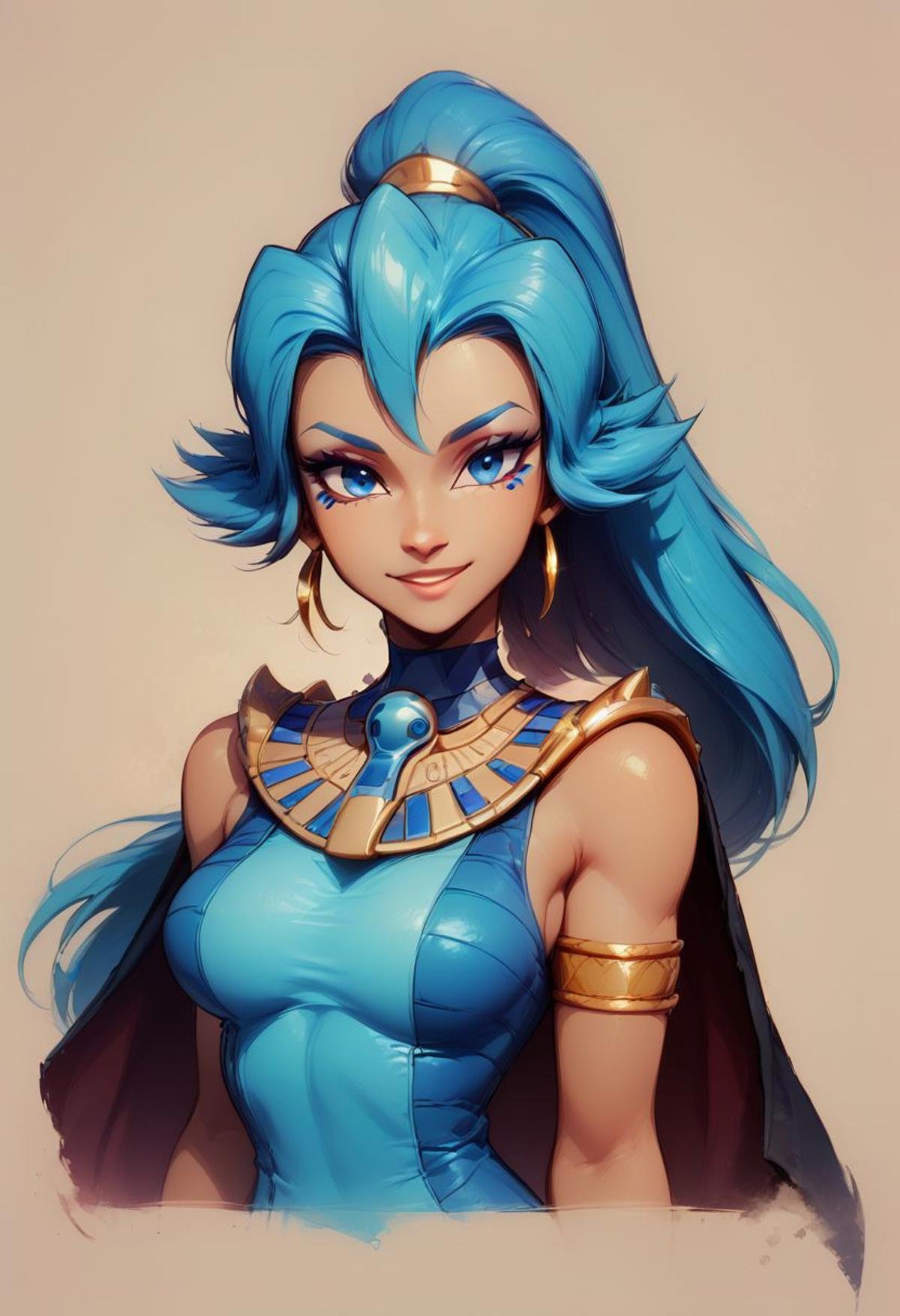 score_9, score_8_up, score_8, big breasts, (curvy), cute, eyelashes, Faded Headshot, faded bottom, faded edges head tilt, smileBREAK, ivroy white skin, zzClair, solo, 1girl,  long hair, blue hair, blue eyes, ponytail, blue bodysuit, black cape, blue gloves,zzEgyptian, usekh collar, gold trim, jewelry, gold, eye of horus, pharaoh's headdress, armlet, zzEgyptian, Egyptian, BREAK,,  zPDXL,