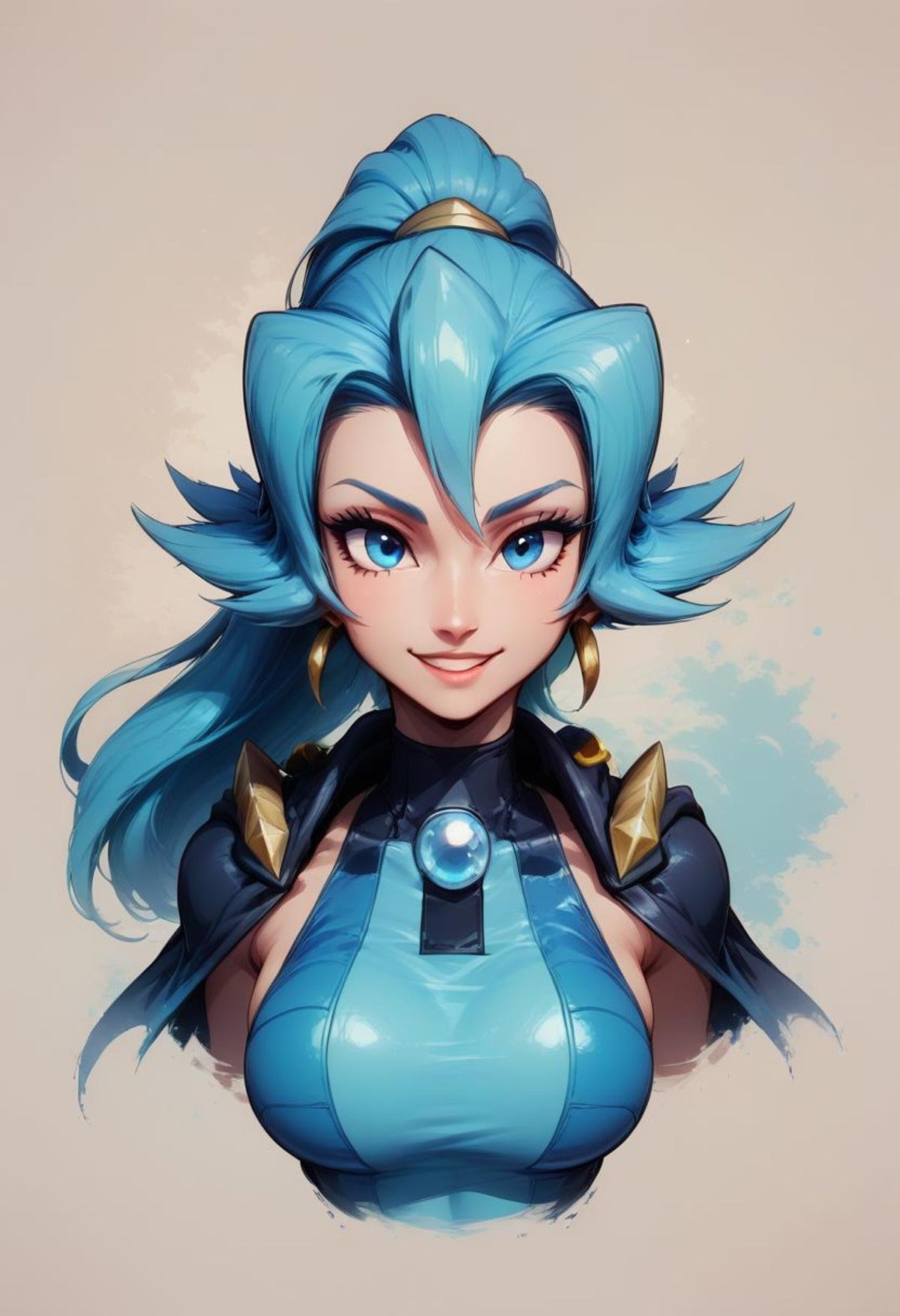 score_9, score_8_up, score_8, big breasts, (curvy), cute, eyelashes, Faded Headshot, faded bottom, faded edges head tilt, smileBREAK, zzClair, solo, 1girl,  long hair, blue hair, blue eyes, ponytail, blue bodysuit, black cape, blue gloves,BREAK,,  zPDXL,