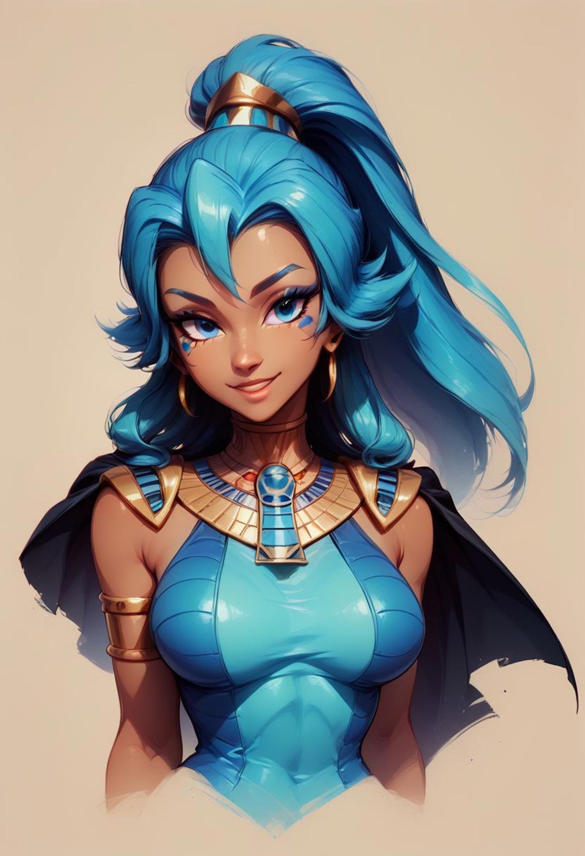 score_9, score_8_up, score_8, big breasts, (curvy), cute, eyelashes, Faded Headshot, faded bottom, faded edges head tilt, smileBREAK, zzEgyptian, usekh collar, gold trim, jewelry, gold, eye of horus, pharaoh's headdress, armlet, zzEgyptian, Egyptian, zzClair, solo, 1girl,  long hair, blue hair, blue eyes, ponytail, blue bodysuit, black cape, blue gloves,BREAK,,  zPDXL,