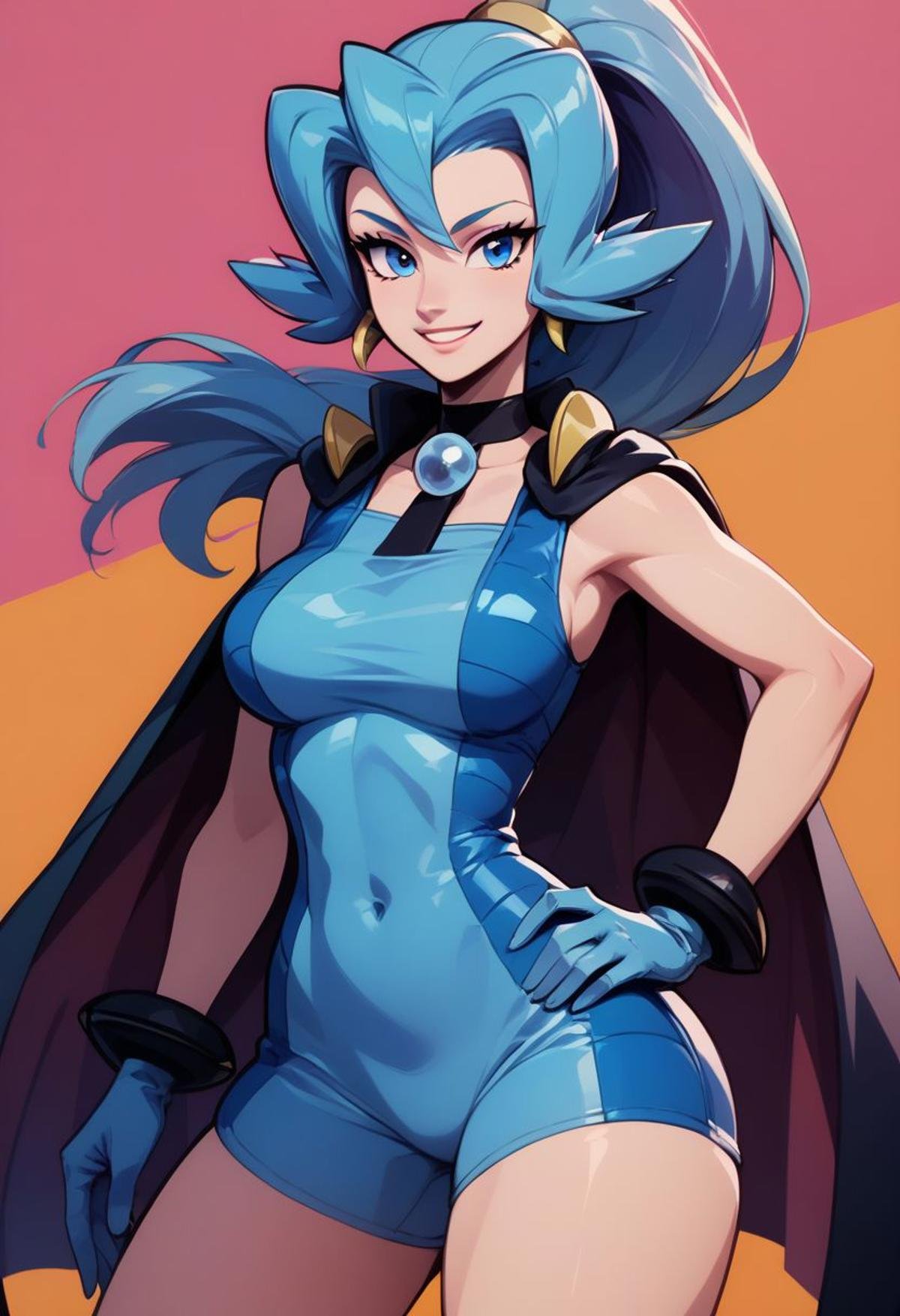 score_9, score_8_up, score_8, big breasts, (curvy), cute, eyelashes, BREAK, zzClair, solo, 1girl,  long hair, blue hair, blue eyes, ponytail, blue bodysuit, black cape, blue gloves,BREAK,,  cowboy shot, smile, hand on hip, contrapposto, wide hips, zPDXL,