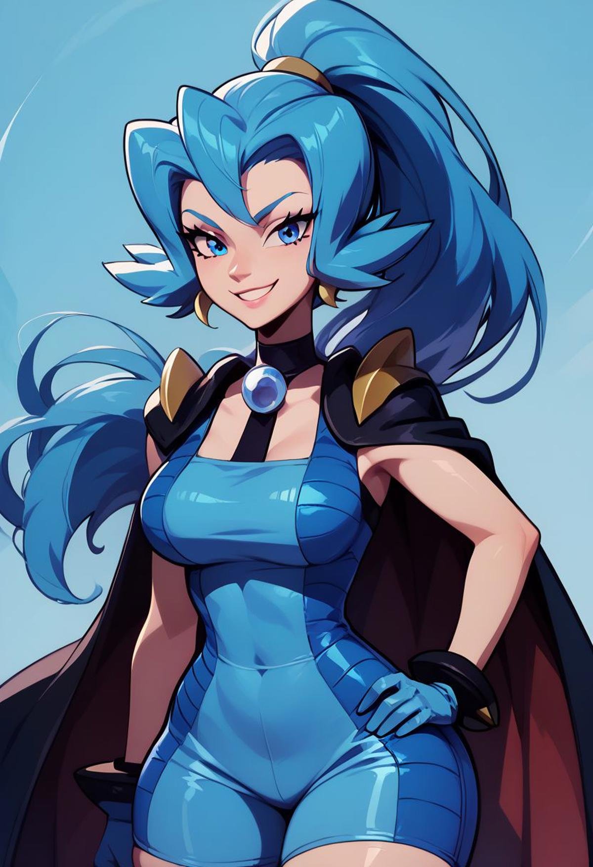 score_9, score_8_up, score_8, big breasts, (curvy), cute, eyelashes, BREAK, zzClair, solo, 1girl,  long hair, blue hair, blue eyes, ponytail, blue bodysuit, black cape, blue gloves,cowboy shot, smile, smug, hand on hip, wide hips, BREAK, zPDXL, Expressiveh p4st3lg0r3