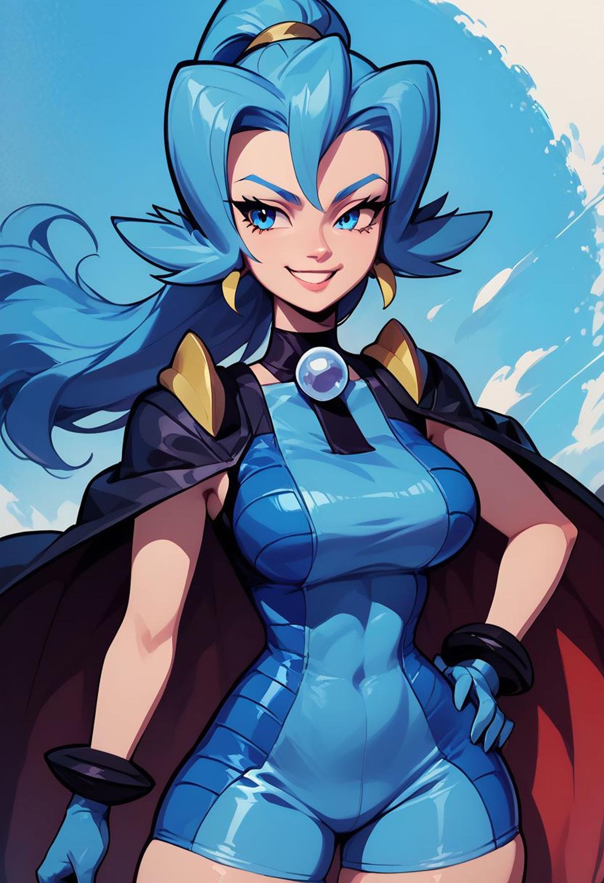 score_9, score_8_up, score_8, big breasts, (curvy), cute, eyelashes, BREAK, zzClair, solo, 1girl,  long hair, blue hair, blue eyes, ponytail, blue bodysuit, black cape, blue gloves,cowboy shot, smile, smug, hand on hip, wide hips, BREAK, zPDXL, Expressiveh p4st3lg0r3