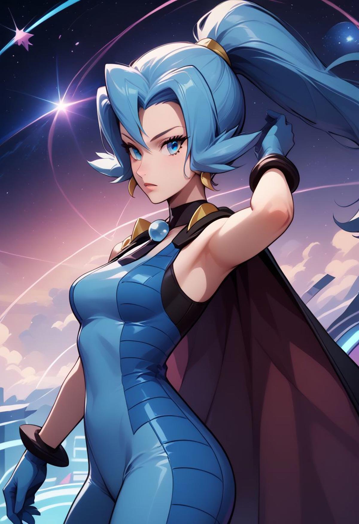 score_9, score_8_up, score_8, medium breasts, (curvy), cute, eyelashes,  rating_safe,BREAK, zzClair, solo, 1girl,  long hair, blue hair, blue eyes, ponytail, blue bodysuit, black cape, blue gloves,BREAK, dynamic angle, stars, floating, colorful, pink, blue eyes, black bow, from side, on back, spaceship, technological,zPDXL,