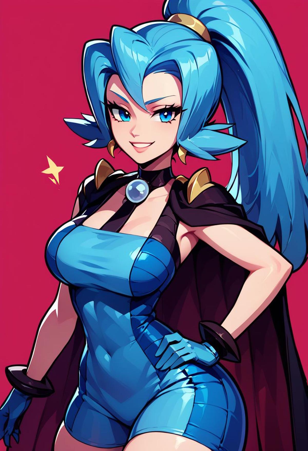 score_9, score_8_up, score_8, big breasts, (curvy), cute, eyelashes, BREAK, zzClair, solo, 1girl,  long hair, blue hair, blue eyes, ponytail, blue bodysuit, black cape, blue gloves,cowboy shot, smile, smug, hand on hip, wide hips, BREAK, zPDXL, Expressiveh 