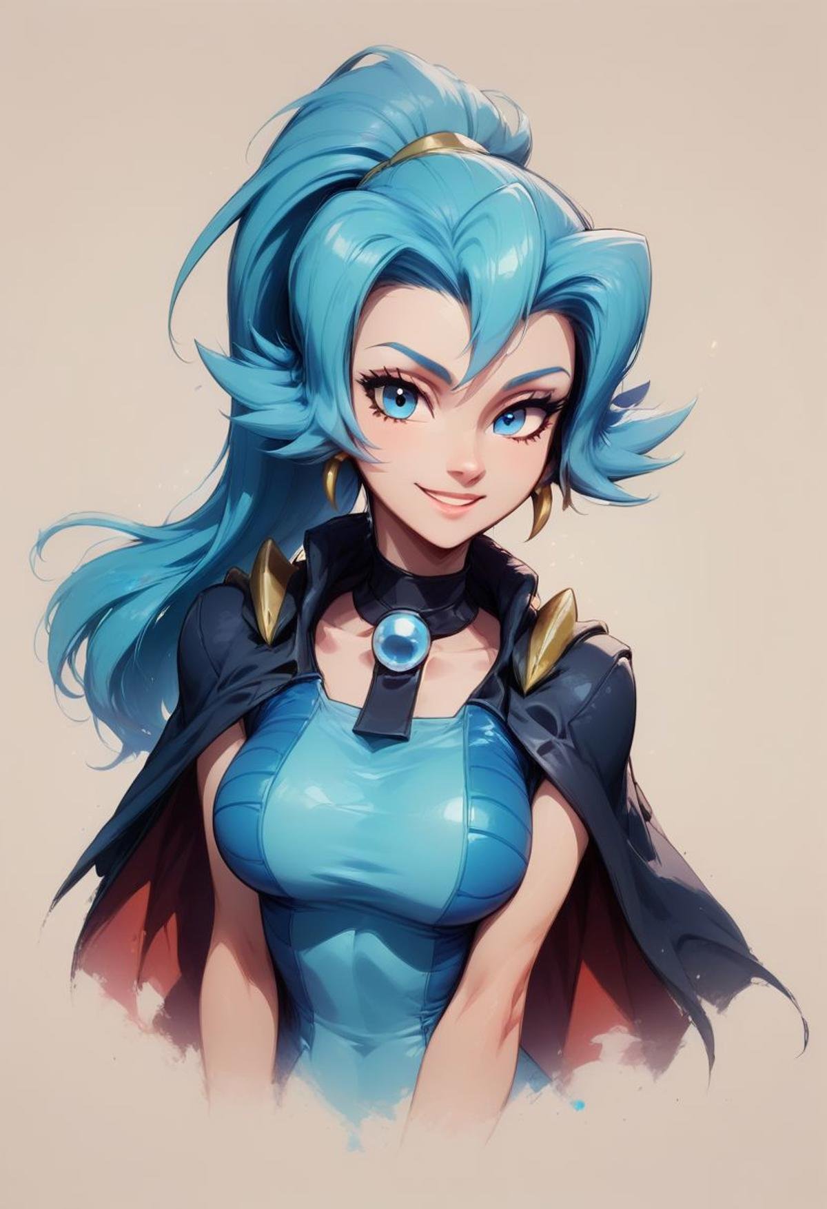 score_9, score_8_up, score_8, big breasts, (curvy), cute, eyelashes, Faded Headshot, faded bottom, faded edges head tilt, smileBREAK, zzClair, solo, 1girl,  long hair, blue hair, blue eyes, ponytail, blue bodysuit, black cape, blue gloves,BREAK,,  zPDXL,