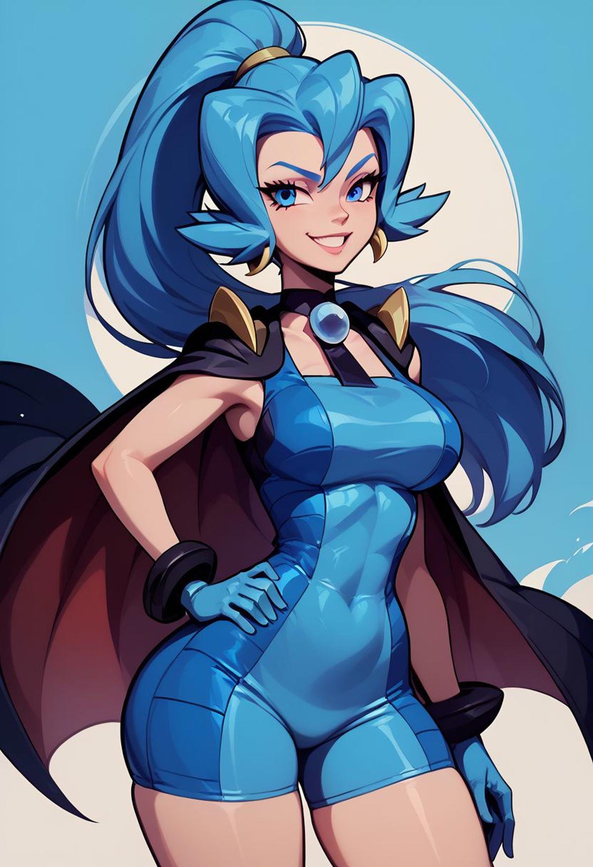 score_9, score_8_up, score_8, big breasts, (curvy), cute, eyelashes, BREAK, zzClair, solo, 1girl,  long hair, blue hair, blue eyes, ponytail, blue bodysuit, black cape, blue gloves,cowboy shot, smile, smug, hand on hip, wide hips, BREAK, zPDXL, Expressiveh p4st3lg0r3