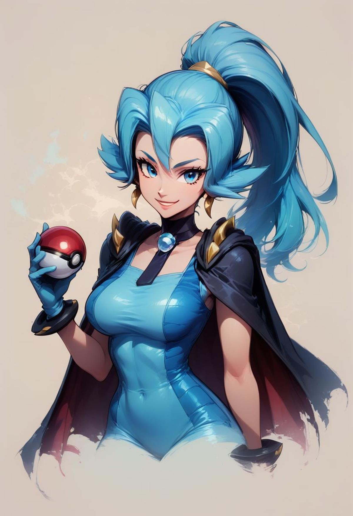 score_9, score_8_up, score_8, big breasts, (curvy), cute, eyelashes, (holding pokeball),Faded Headshot, faded bottom, faded edges head tilt, smileBREAK, zzClair, solo, 1girl,  long hair, blue hair, blue eyes, ponytail, blue bodysuit, black cape, blue gloves,BREAK,,  zPDXL,