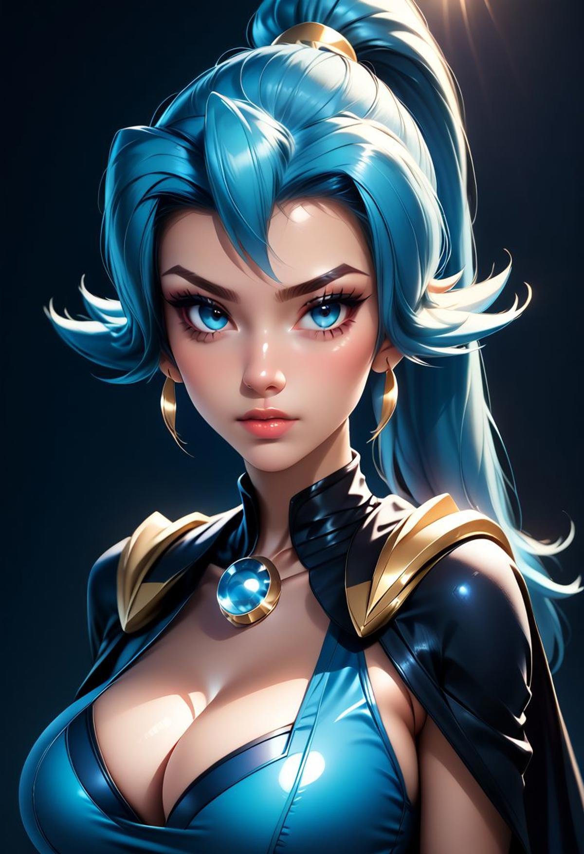 score_9, score_8_up, score_7_up, score_6_up, score_5_up, score_4_up score_9,score_8_up, digital art, upper body shot, realistic 3D illustration, (big breasts, cleavage,),zzClair, solo, 1girl,  long hair, blue hair, blue eyes, ponytail, blue bodysuit, black cape, blue gloves,, soft lighting, contemplative expression, dark background, subtle makeup, high-resolution, detailed texture, emotional depth, dramatic mood, side profile, serene atmosphere, cinematic lighting. perfectly round breasts, big breasts, firm breasts, SkinHairDetail, eye contact