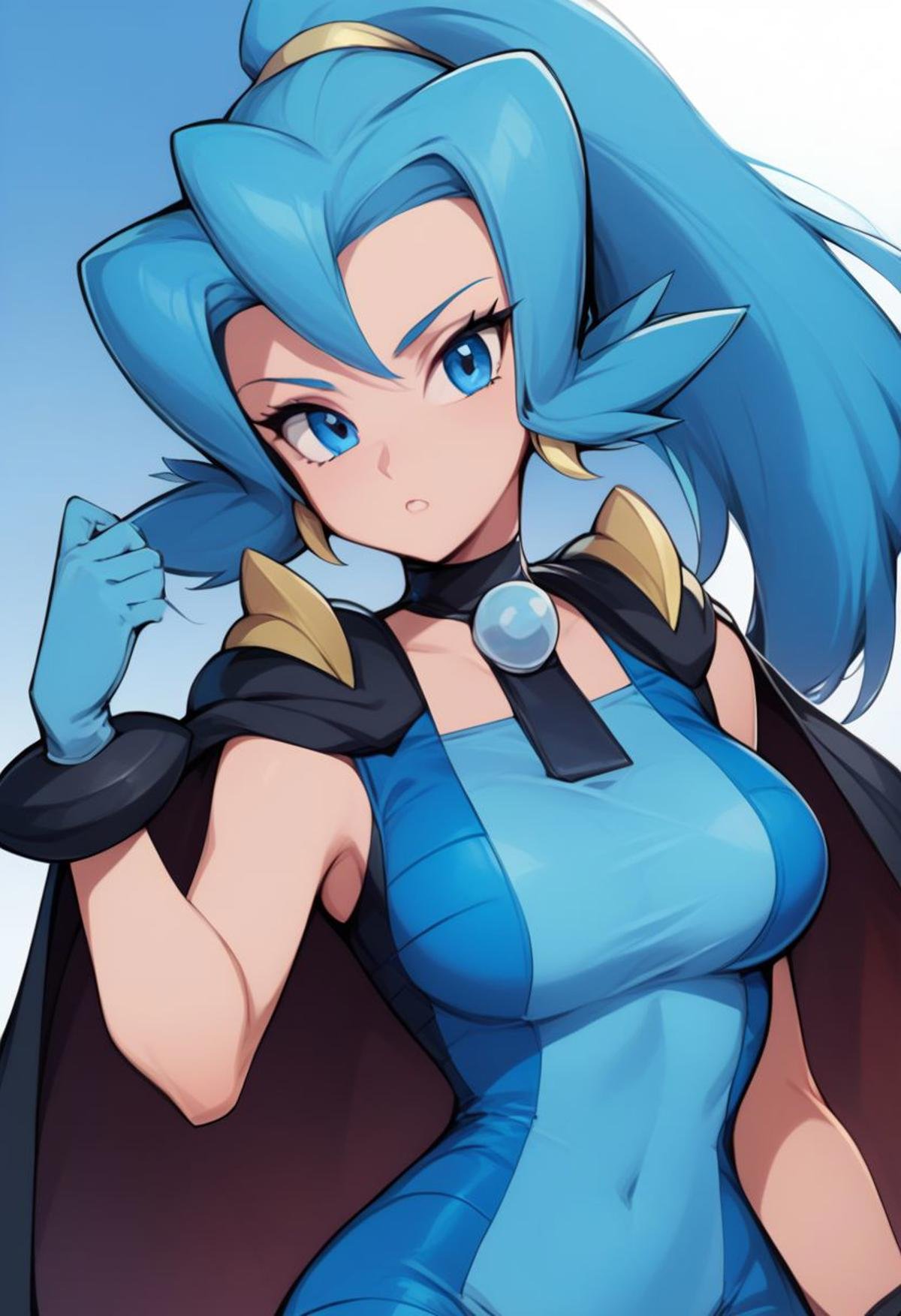 score_9, score_8_up, score_8, medium breasts, (curvy), cute, eyelashes,       zzClair, solo, 1girl,  long hair, blue hair, blue eyes, ponytail, blue bodysuit, black cape, blue gloves,, zPDXL, p4st3lg0r3