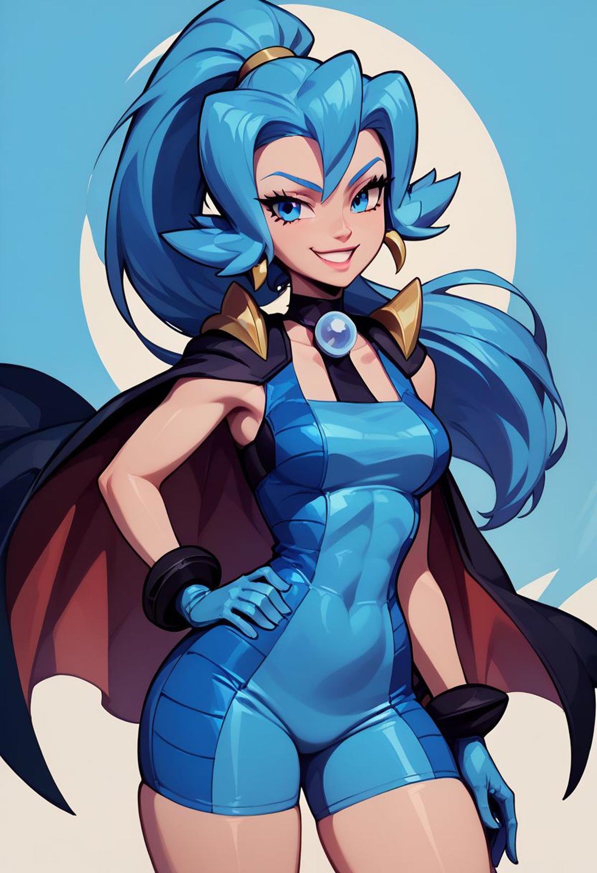 score_9, score_8_up, score_8, medium breasts, (curvy), cute, eyelashes, BREAK, zzClair, solo, 1girl,  long hair, blue hair, blue eyes, ponytail, blue bodysuit, black cape, blue gloves,cowboy shot, smile, smug, hand on hip, wide hips, BREAK, zPDXL, Expressiveh p4st3lg0r3