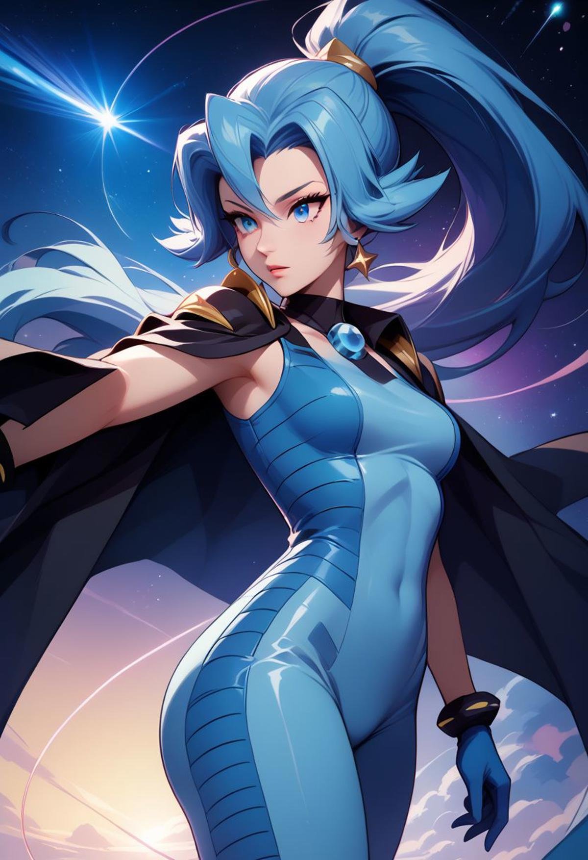 score_9, score_8_up, score_8, medium breasts, (curvy), cute, eyelashes,  rating_safe,BREAK, zzClair, solo, 1girl,  long hair, blue hair, blue eyes, ponytail, blue bodysuit, black cape, blue gloves,BREAK, dynamic angle, stars, floating, colorful, pink, blue eyes, black bow, from side, on back, spaceship, technological,zPDXL,