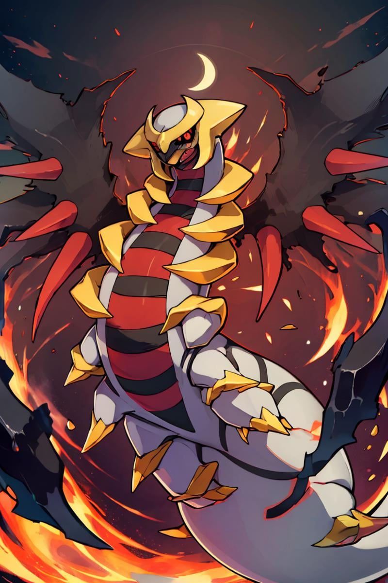 ((masterpiece,best quality)), absurdres, <lora:Giratina:0.8>, Giratina, no humans, solo,  red crescent moon, red theme, red glow,  animal focus, black sclera, black wings, claws, colored sclera, colored skin, creatures (company), game freak, gen 4 pokemon, giratina, giratina (altered), grey skin, legendary pokemon, nintendo, no humans, open mouth, pokemon, pokemon (creature),  rearing, red eyes, spikes, tail, vergolophus, wings