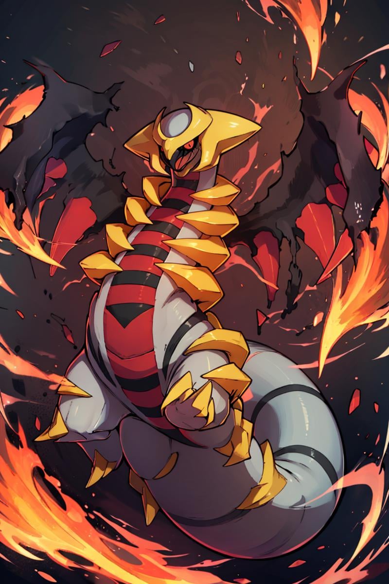 ((masterpiece,best quality)), absurdres,<lora:Giratina:0.8>, Giratina, no humans, solo, red crescent moon, red theme, red glow, animal focus, black sclera, black wings, claws, colored sclera, colored skin, creatures (company), game freak, gen 4 pokemon, giratina, giratina (altered), grey skin, legendary pokemon, nintendo, no humans, open mouth, pokemon, pokemon (creature),  red eyes, spikes, tail, 