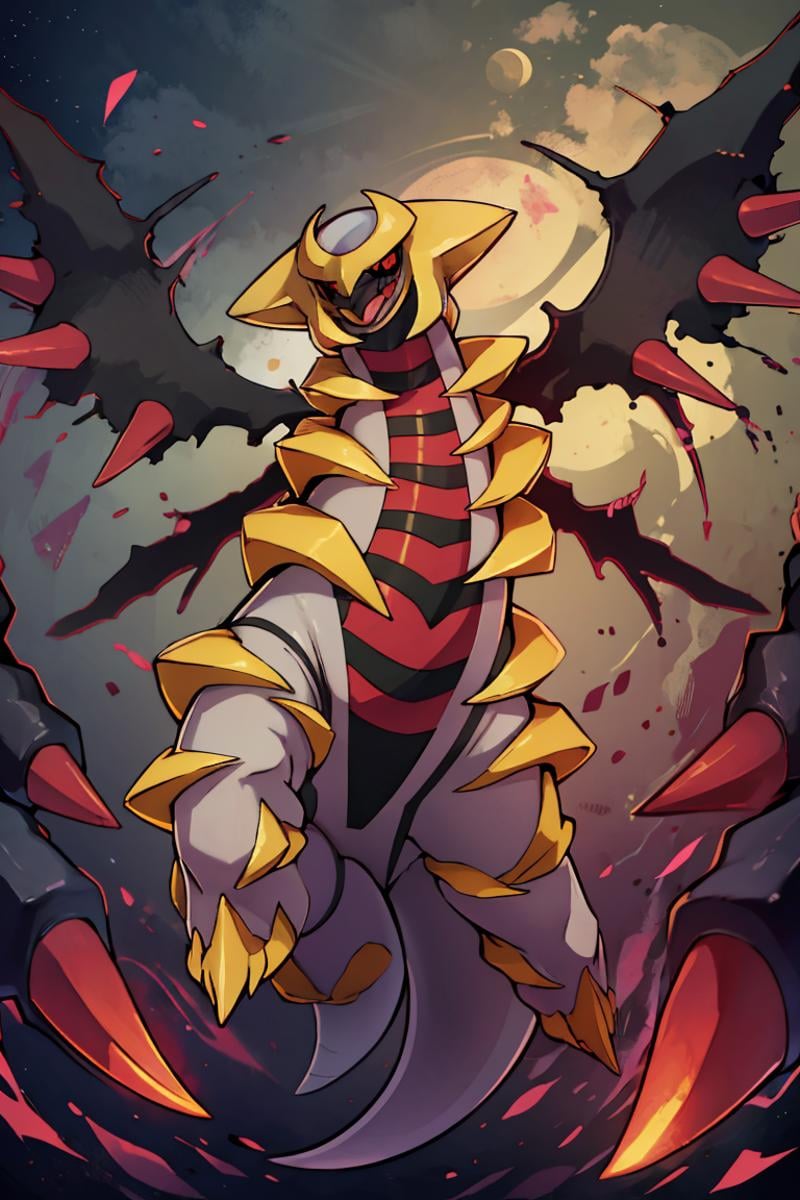 ((masterpiece,best quality)), absurdres, <lora:Giratina:0.8>, Giratina, no humans, solo,  red crescent moon, red theme, red glow,  animal focus, black sclera, black wings, claws, colored sclera, colored skin, creatures (company), game freak, gen 4 pokemon, giratina, giratina (altered), grey skin, legendary pokemon, nintendo, no humans, open mouth, pokemon, pokemon (creature),  rearing, red eyes, spikes, tail, vergolophus, wings