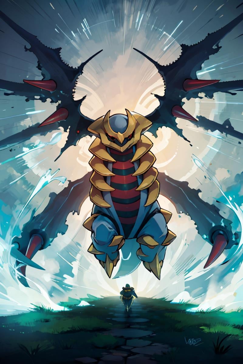 ((masterpiece,best quality)), absurdres, <lora:Giratina:0.8>, Giratina, no humans, creature, creatures (company), dark, energy, english commentary, game freak, gen 4 pokemon, giratina, giratina (origin), highres, legendary pokemon, looking at viewer, nintendo, no humans, pokemon, pokemon (creature), pokemon move, red eyes, shadow force (pokemon), tapwing