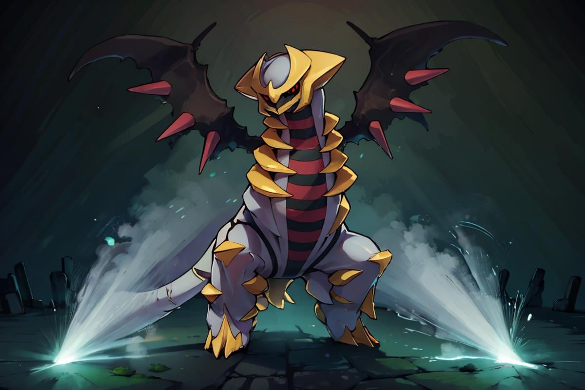 ((masterpiece,best quality)), absurdres, <lora:Giratina:0.8>, Giratina, no humans, creature, creatures (company), dark, energy, english commentary, game freak, gen 4 pokemon, giratina, giratina (origin), highres, legendary pokemon, looking at viewer, nintendo, no humans, pokemon, pokemon (creature), pokemon move, red eyes, shadow force (pokemon), tapwing