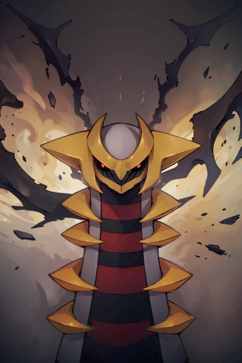 ((masterpiece,best quality)), absurdres,<lora:Giratina:0.8>, Giratina, no humans, solo, intense glowing eyes, red eyes, glowing, animal focus, black sclera, colored sclera, creatures (company), dragon, expressionless, game freak, gen 4 pokemon, giratina, highres, horns, legendary pokemon, looking at viewer, nintendo, pokemon, pokemon (creature), red eyes, simple background, upper body