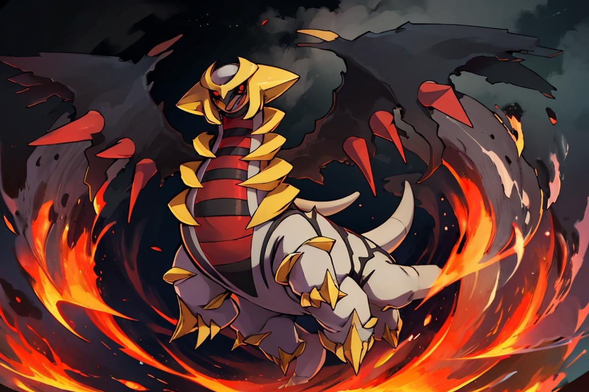 ((masterpiece,best quality)), absurdres, <lora:Giratina:0.8>, Giratina, no humans, solo,  red crescent moon, red theme, red glow,  animal focus, black sclera, black wings, claws, colored sclera, colored skin, creatures (company), game freak, gen 4 pokemon, giratina, giratina (altered), grey skin, legendary pokemon, nintendo, no humans, open mouth, pokemon, pokemon (creature),  rearing, red eyes, spikes, tail, vergolophus, wings